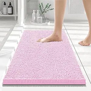Smiry Luxury Chenille Bathroom Rugs 24x16, Extra Soft and Absorbent Shaggy Bath Mat, Machine Washable, Non-Slip Plush Carpet Runner for Tub, Shower, and Floor, Home Decor Accessories, Pink