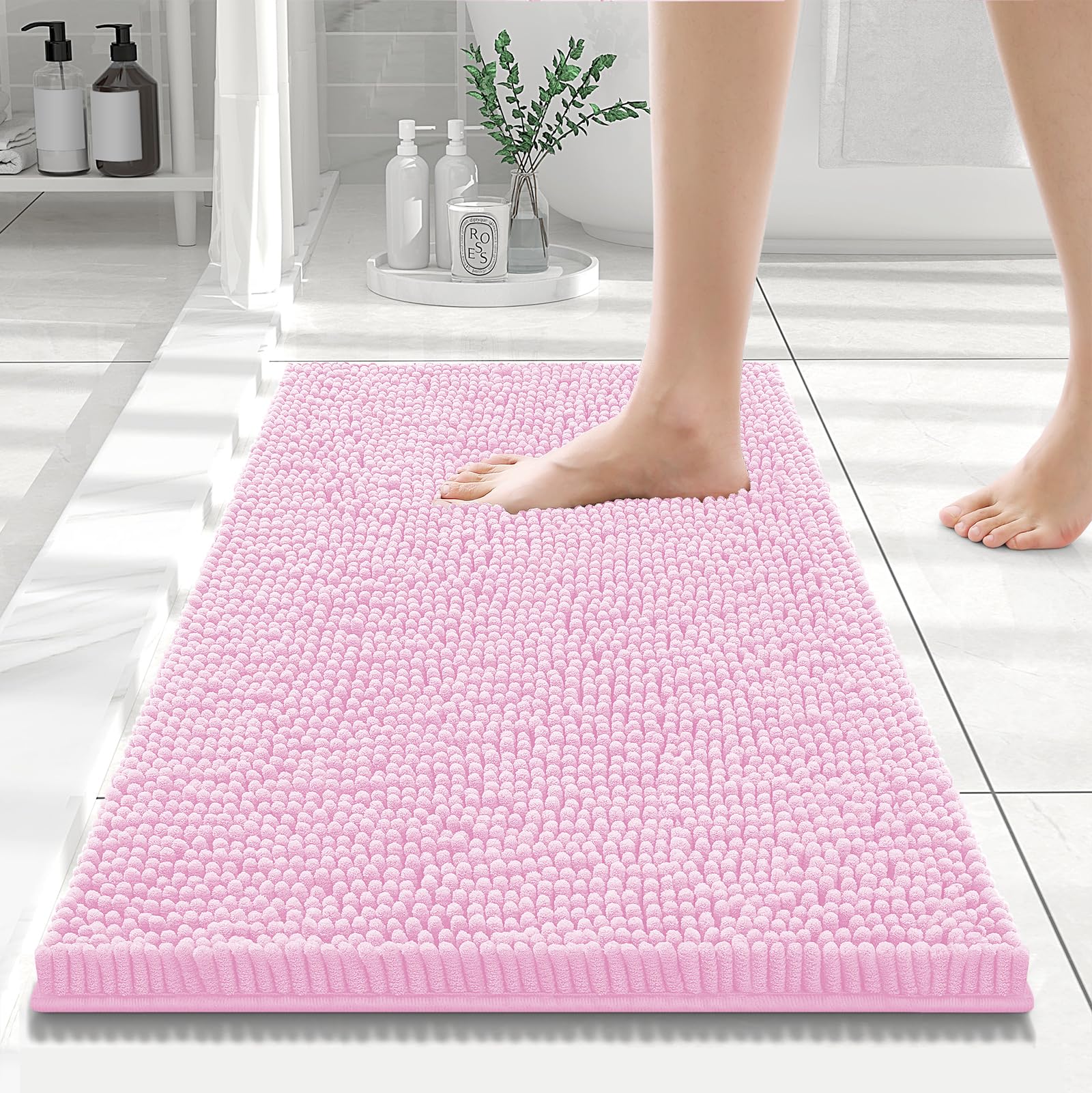 Smiry Luxury Chenille Bathroom Rugs 24x16, Extra Soft and Absorbent Shaggy Bath Mat, Machine Washable, Non-Slip Plush Carpet Runner for Tub, Shower,