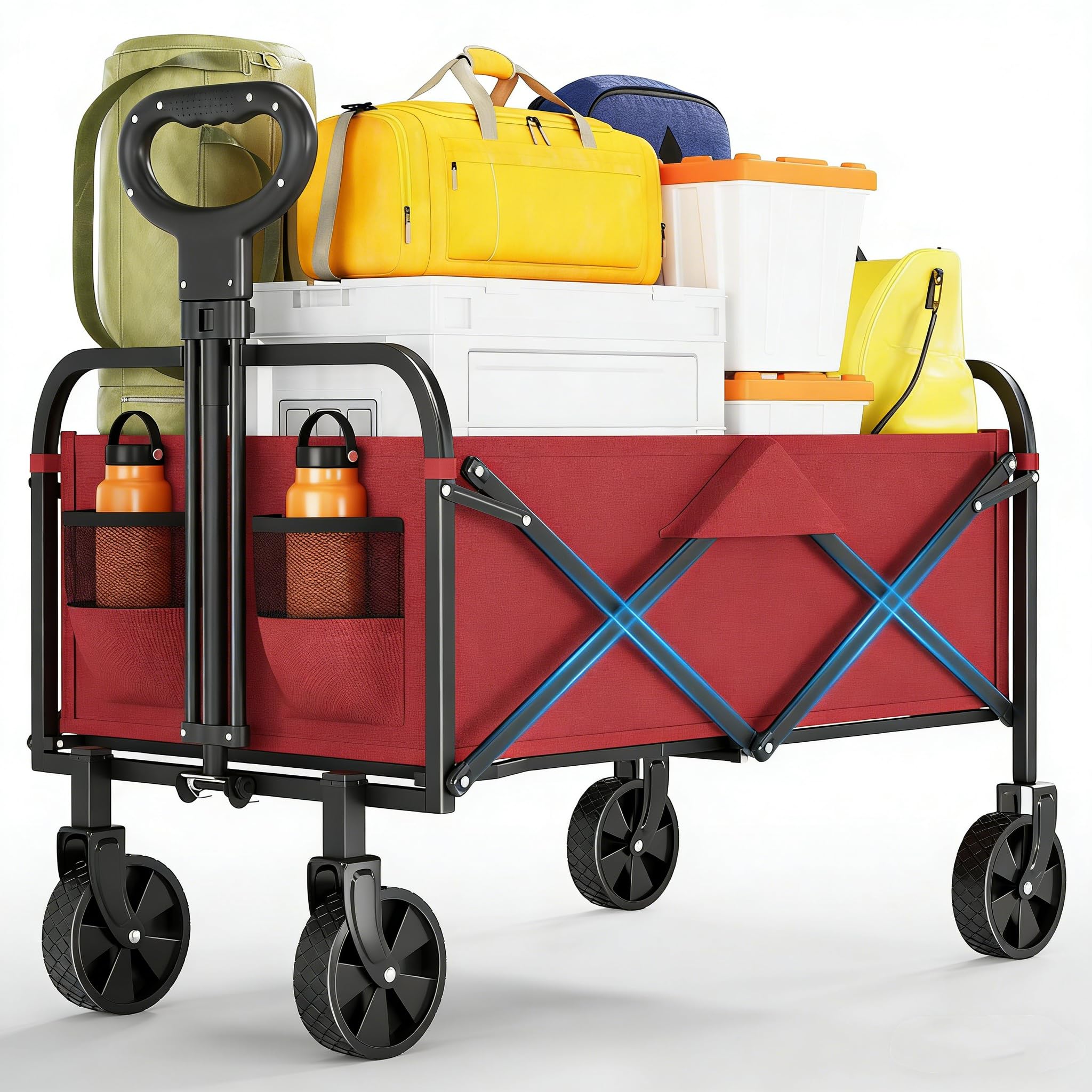 Heavy Duty Collapsible Wagon Cart, Folding Utility Cart, 380 lbs Capacity, 5" All Terrain Wheels, Drink Holders, Collapsible Outdoor Utility for Camping, Beach, Sports, Garden, RV, Grocery