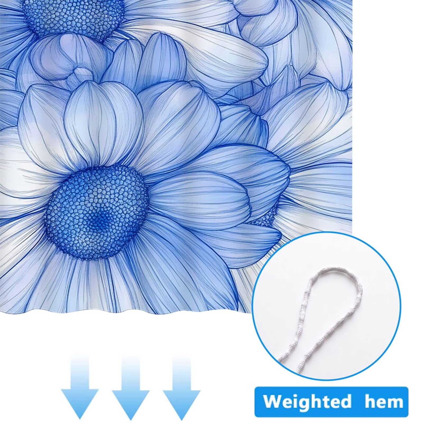 Cortina de Ducha Azul claro Cortina Ducha, Antimoho, Tela Impermeable Poliéster, Shower Curtain 200x220 cm con 12 Ganchos y Dobladillo Ponderado, Shower Curtain Lavable para Baño o Bañera, Flor 3Y#600