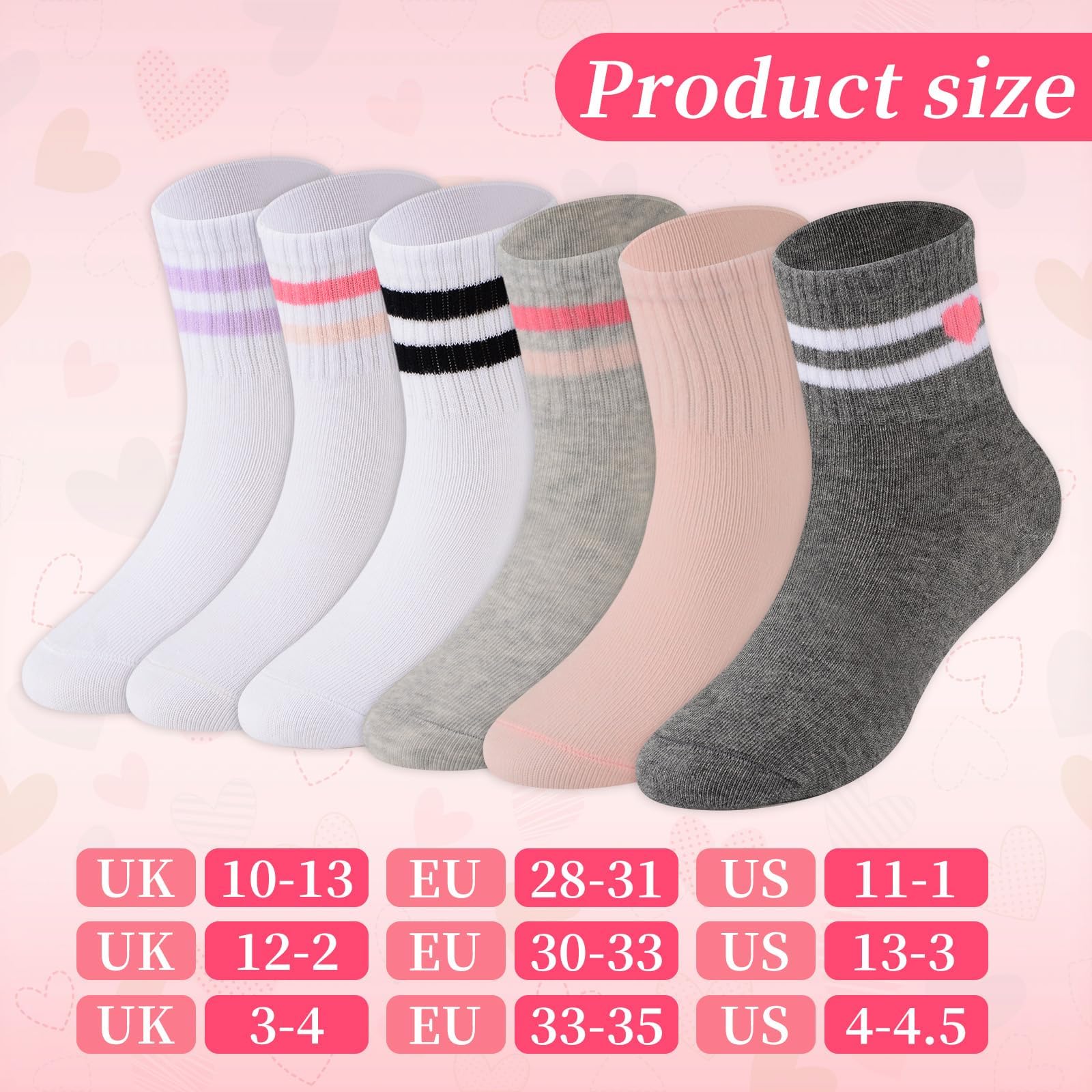 Lot de 6 paires de chaussettes de sport en coton pour enfants avec rayures mignonnes cœurs, chaussettes extensibles pour filles et garçons de 3 à 12 ans