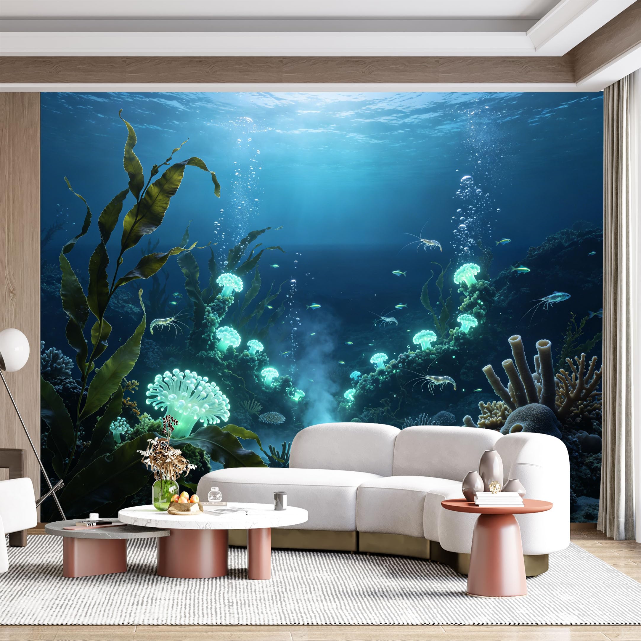 Custom Size Wall Mural Underwater Marine Life Coral Reef Ocean Seascape Glowing Anemone Shrimp Fish SelfAdhesive Wall Fabric Removable for Home Office Decor