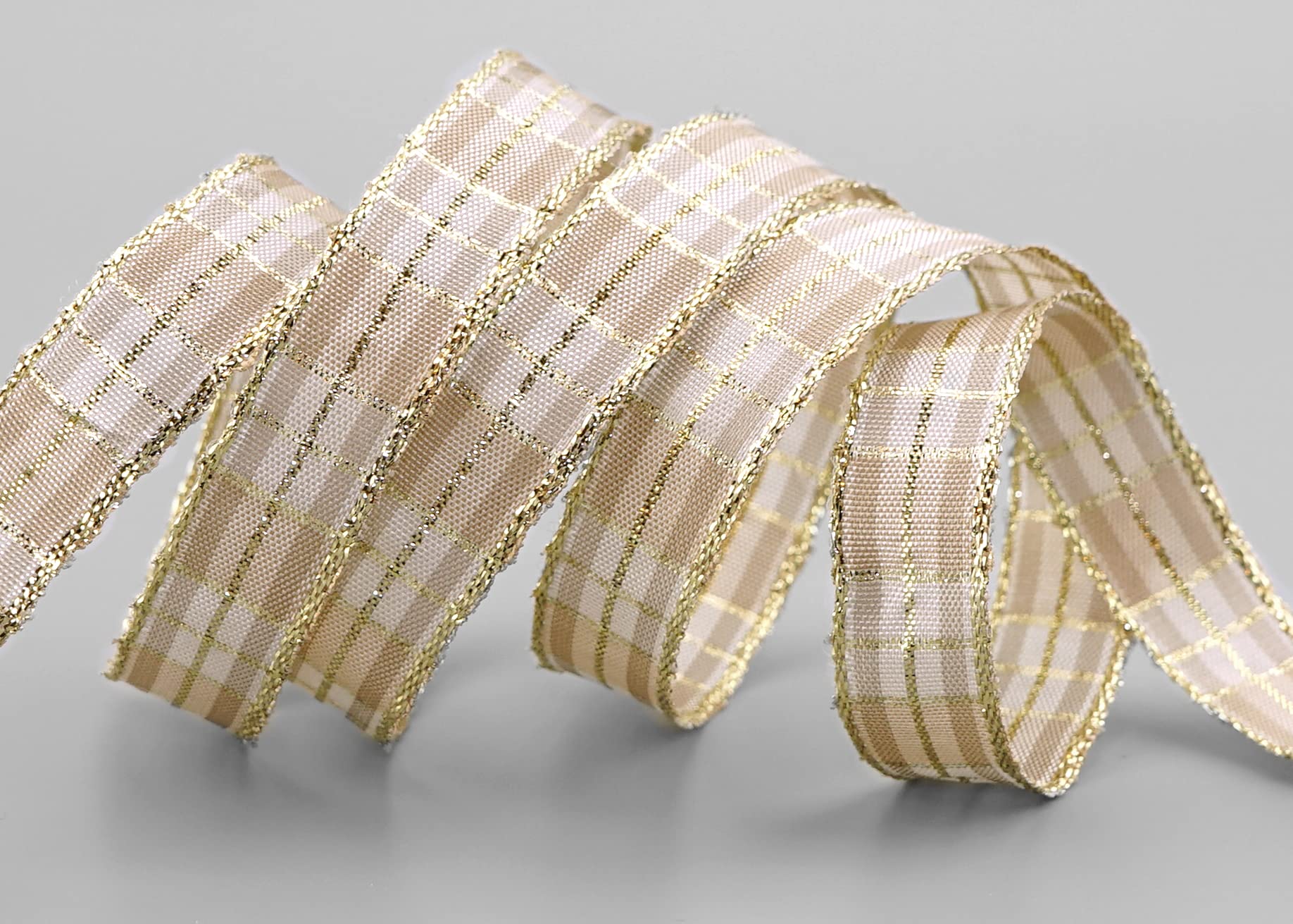 3 m x 15 mm Christmas Ribbon Beige Taupe Gold (161) with Lurex Wired Edge Ribbon Decorative Ribbon Gift Ribbon Tartan Shiny Ribbon Gold Edge Wire Ribbon Winter Christmas Check