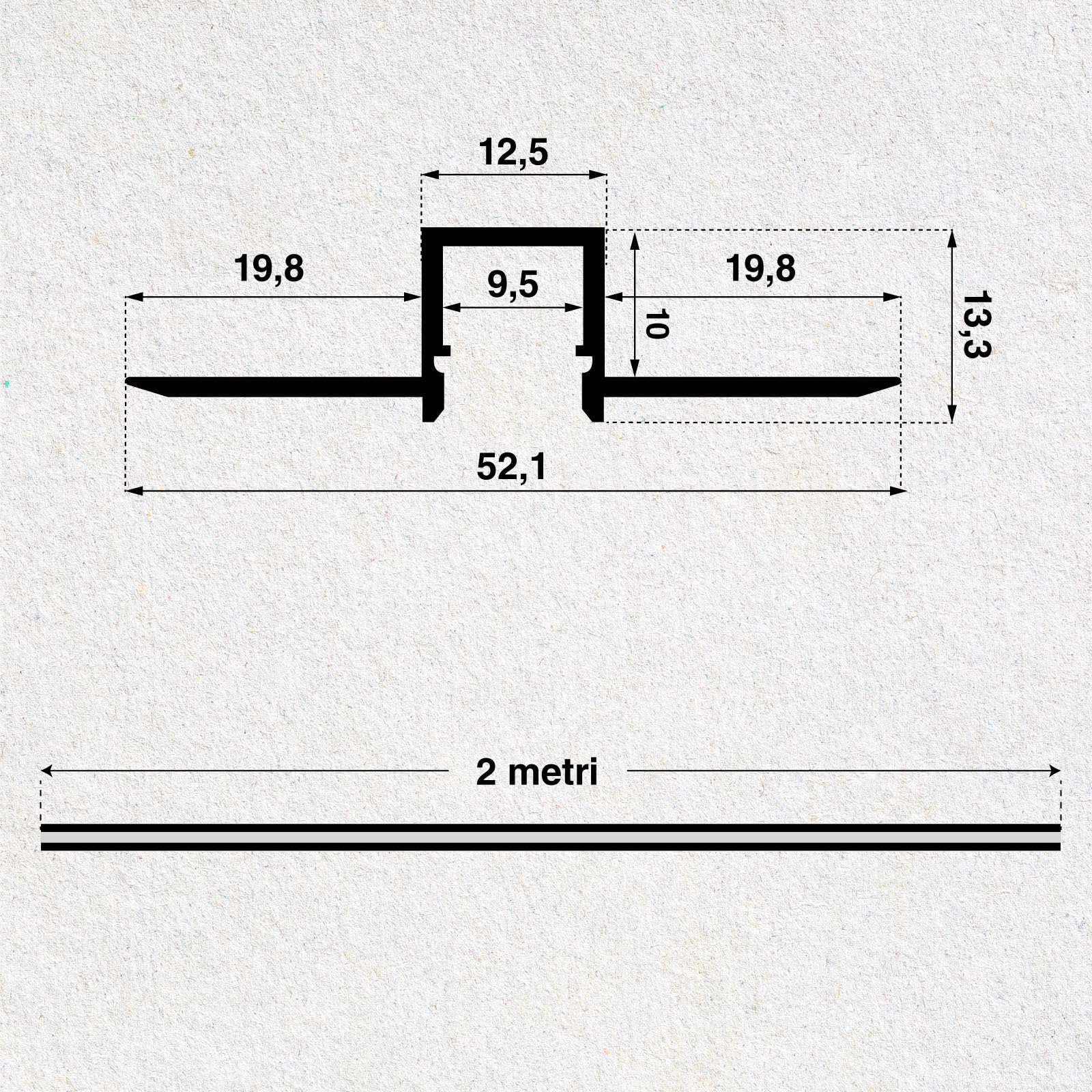 5x Profili da 2 metri (10mt) a Scomparsa in Alluminio per Strisce LED Schermatura Opaca ingombro max striscia led 9.5mm - 12.5 x 10 (alette 52.1)
