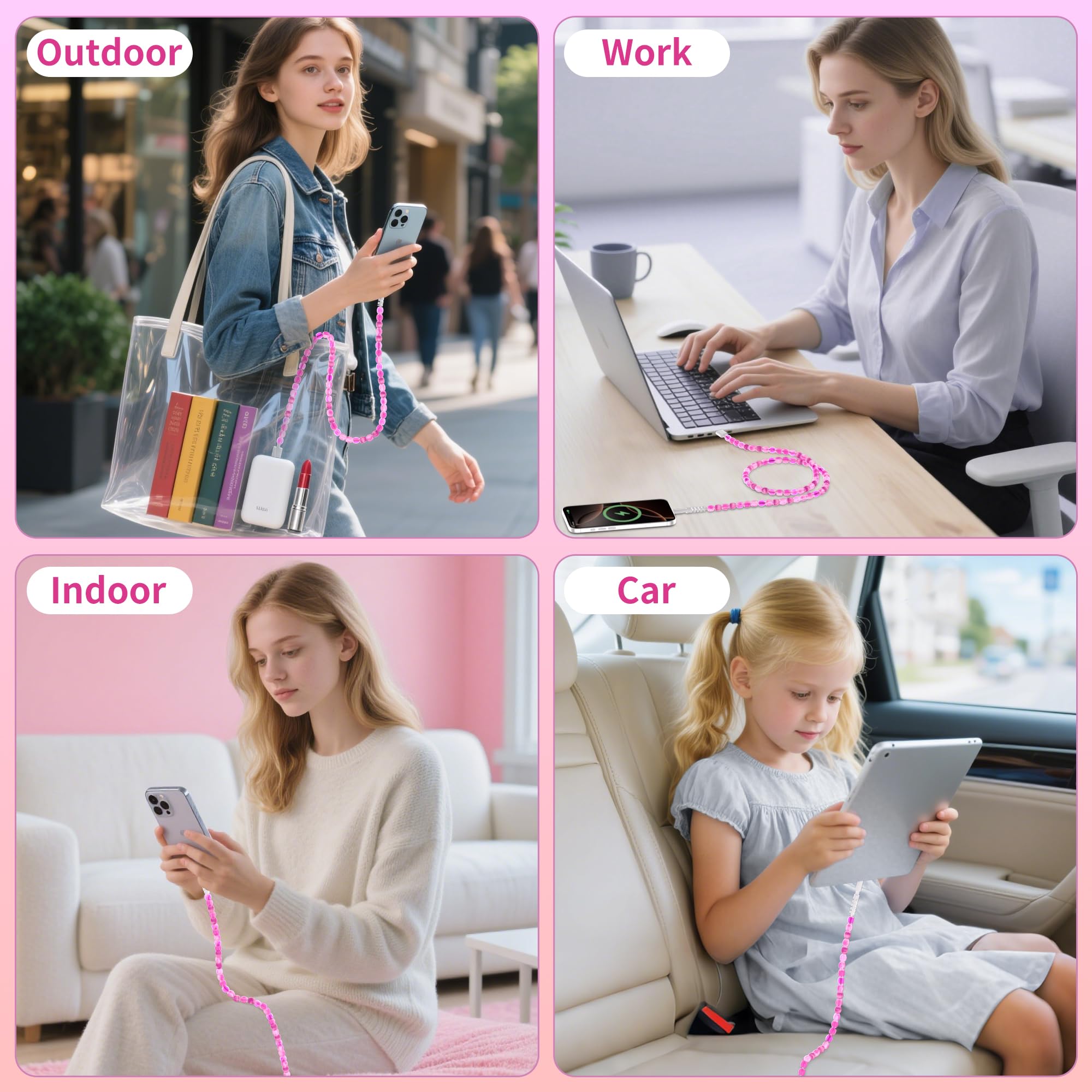 SAMONPOW Cavo USB C da 66 W USB a USB C Cavo di ricarica rapida 1,9 m carino giada perline di tipo C cavo di ricarica per donne ragazze cavo di ricarica per telefono per iPhone 16 15 Pro Galaxy S25