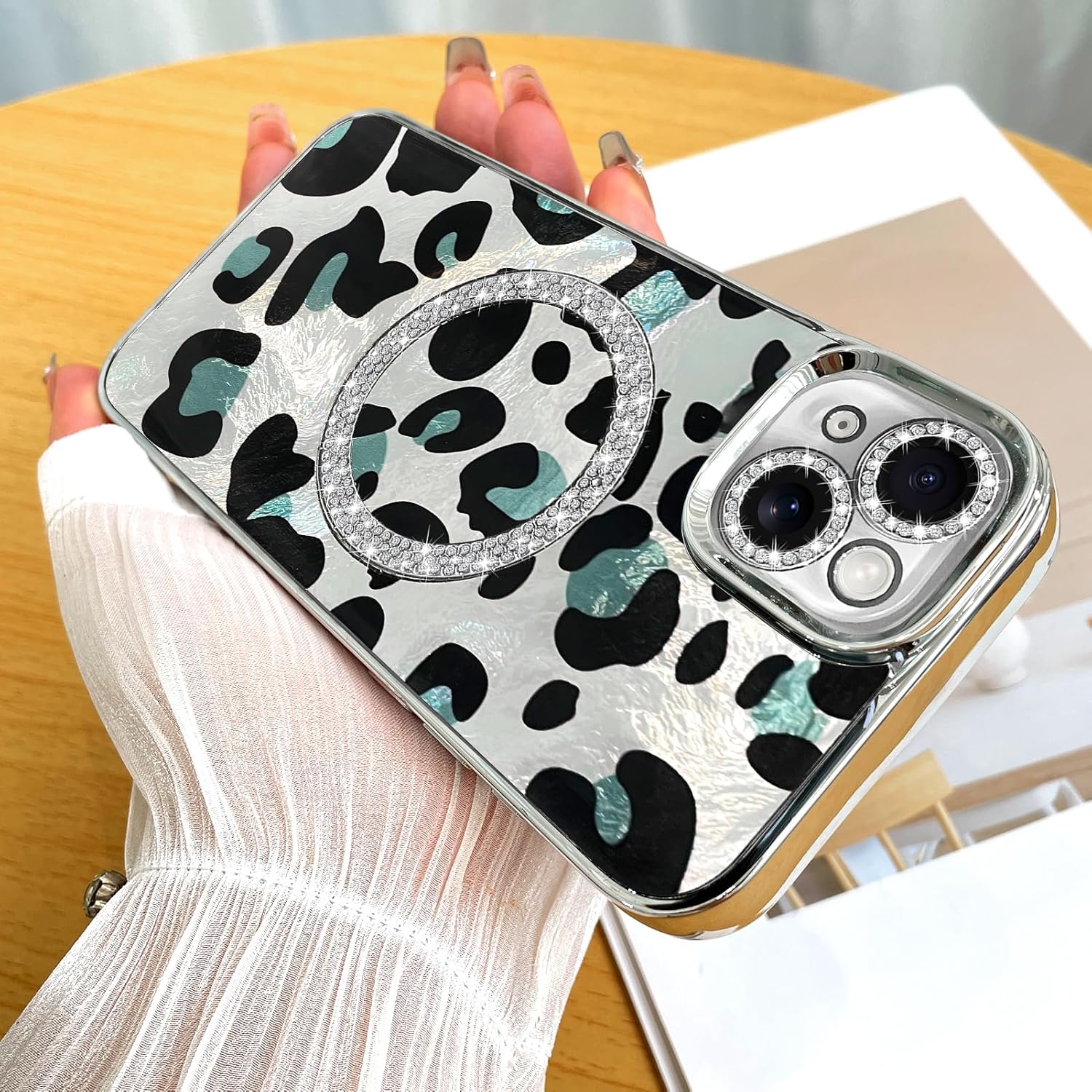 Fiyart Designed for iPhone 14 Case,Compatible with MagSafe Cheetah Print Plating Diamond Camera Protection Magnetic Glitter Leopard for Women Men Shockproof Phone Bumper 6.1"-Silver Silver Leopard Print iPhone 14