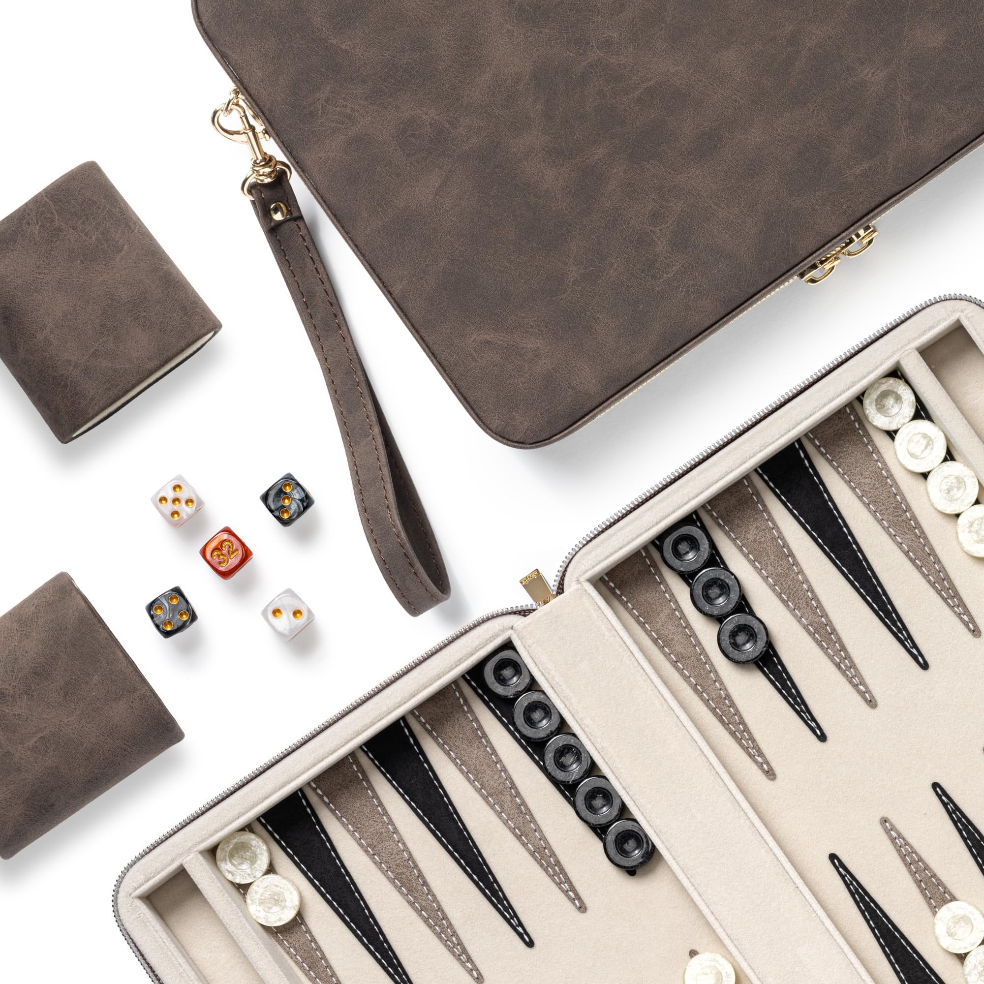 Backgammon Sets for Adults, Classic Board Game with Folding Faux Leather Backgammon Case, Portable Travel Backgammon Game Set (Brown)