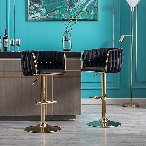 Miniatura 2 de Hdxdkog Juego de 2 taburetes de bar giratorios de terciopelo, modernos taburetes ajustables con respaldo, base dorada y reposapiés para cocina,