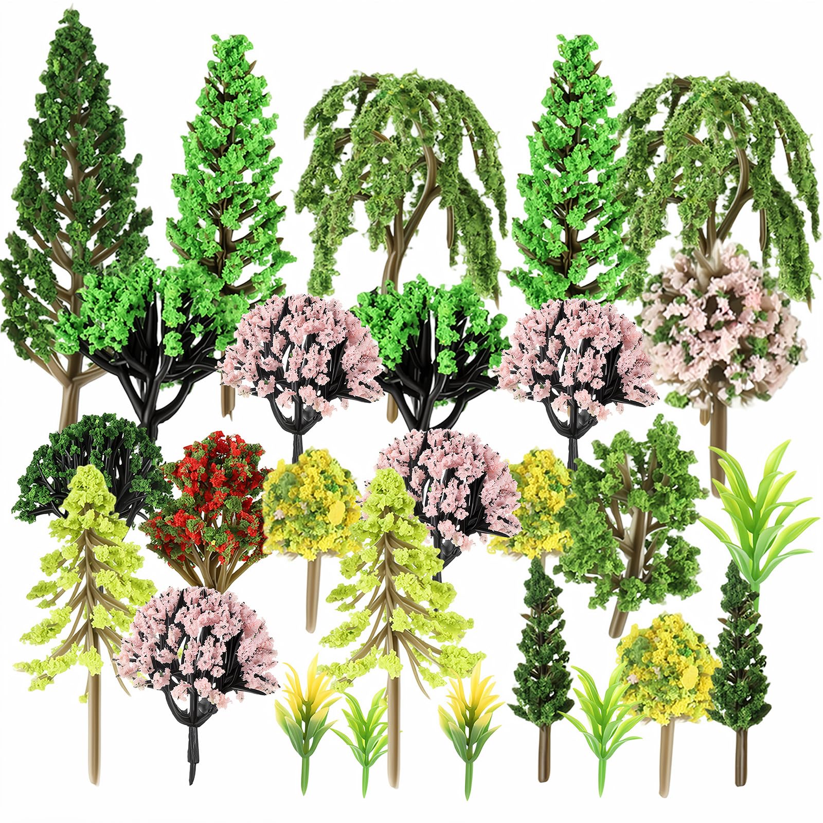 32PCS Mixed Colourful Miniature Trees Mixed Model Trees Railroad Scenery Diorama Tree Diorama Supplies Fake Plants Landscape Green Mini Tree for Building DIY Crafts Topper Scenery, 1.3-4.33 Inch