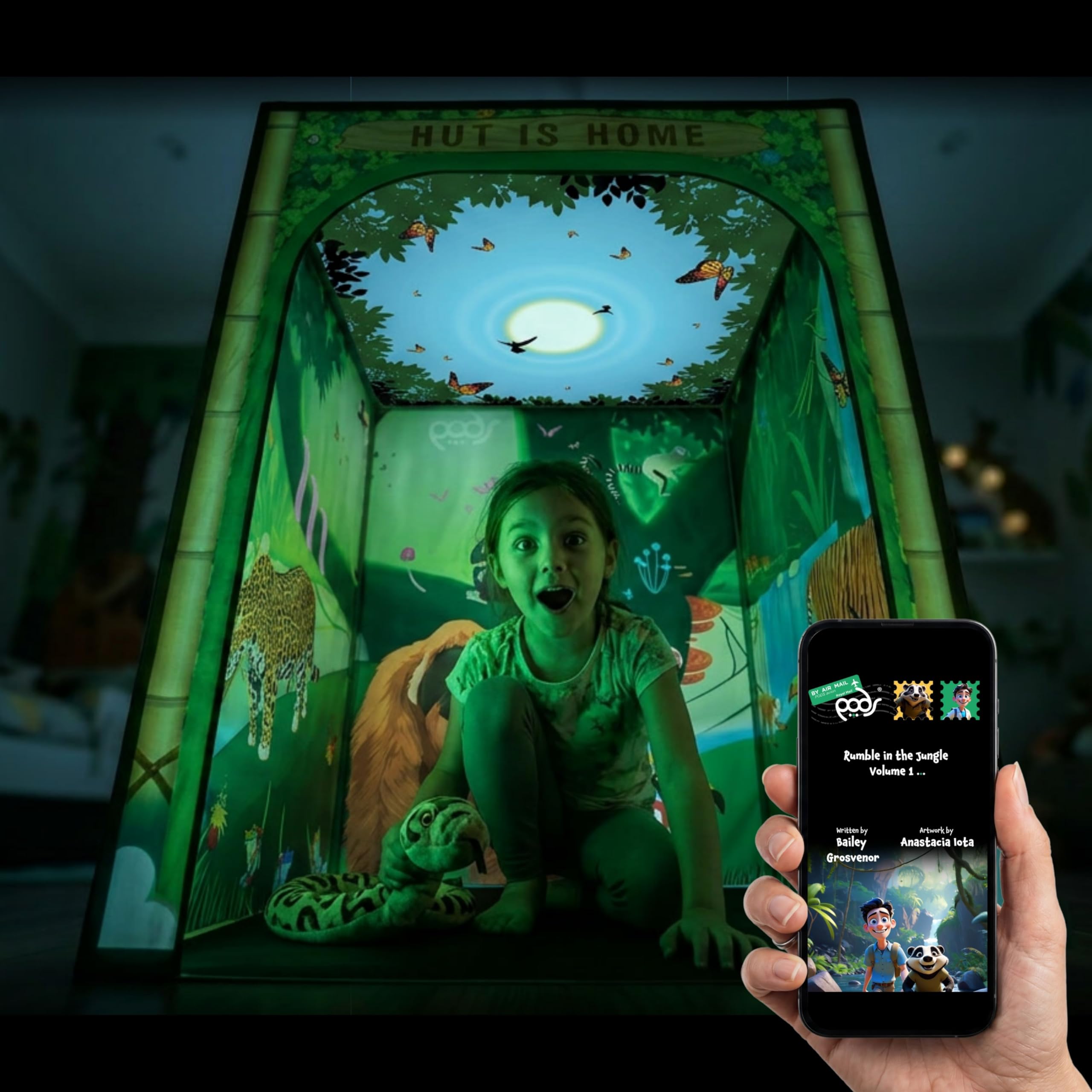 PODSgo Sensory Play Tent for Kids - Rumble in the Jungle AdventureTheme with Lights, Memory Foam Play Mat & Mobile App, Interchangeable Full Adventure Jacket Premium Bundle โ image 1