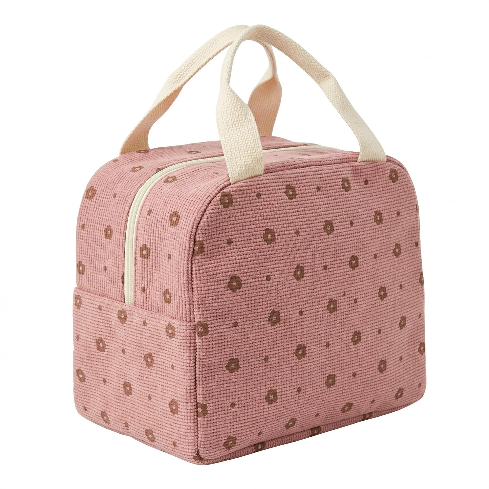 Shudyear Large Capacity Corduroy Insulated Lunch Bag for Women, Reusable Insulated Cooler Lunch Bag, Leak Proof Cooler Bag for Work Travel Picnic School (Pink - Small Flowers)