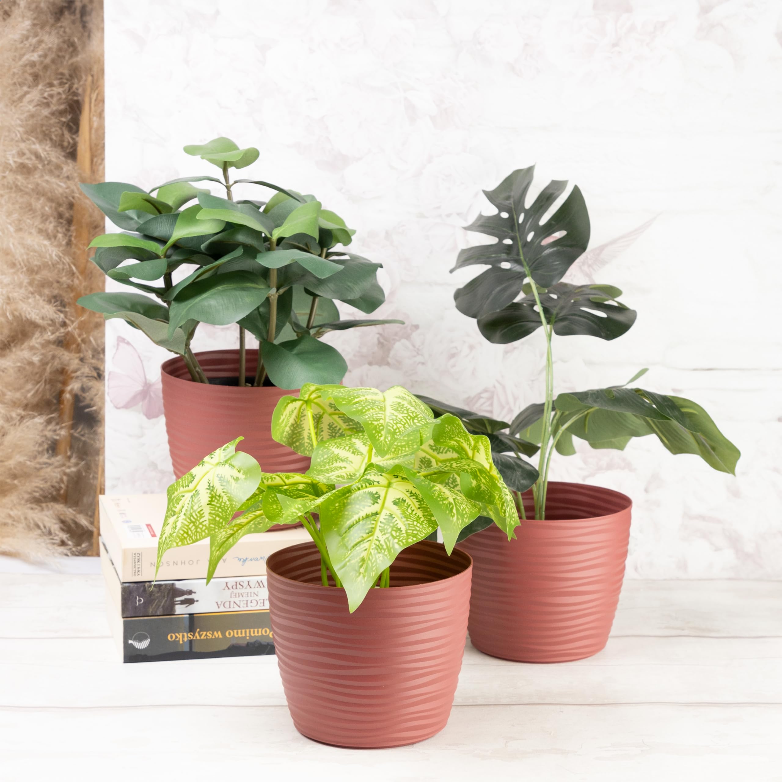 Home Garden Ornaments Plant Pots Indoor, Set of 3 Plastic Flower Pots, Unique Wave Design, No Drainage Holes - Image 2