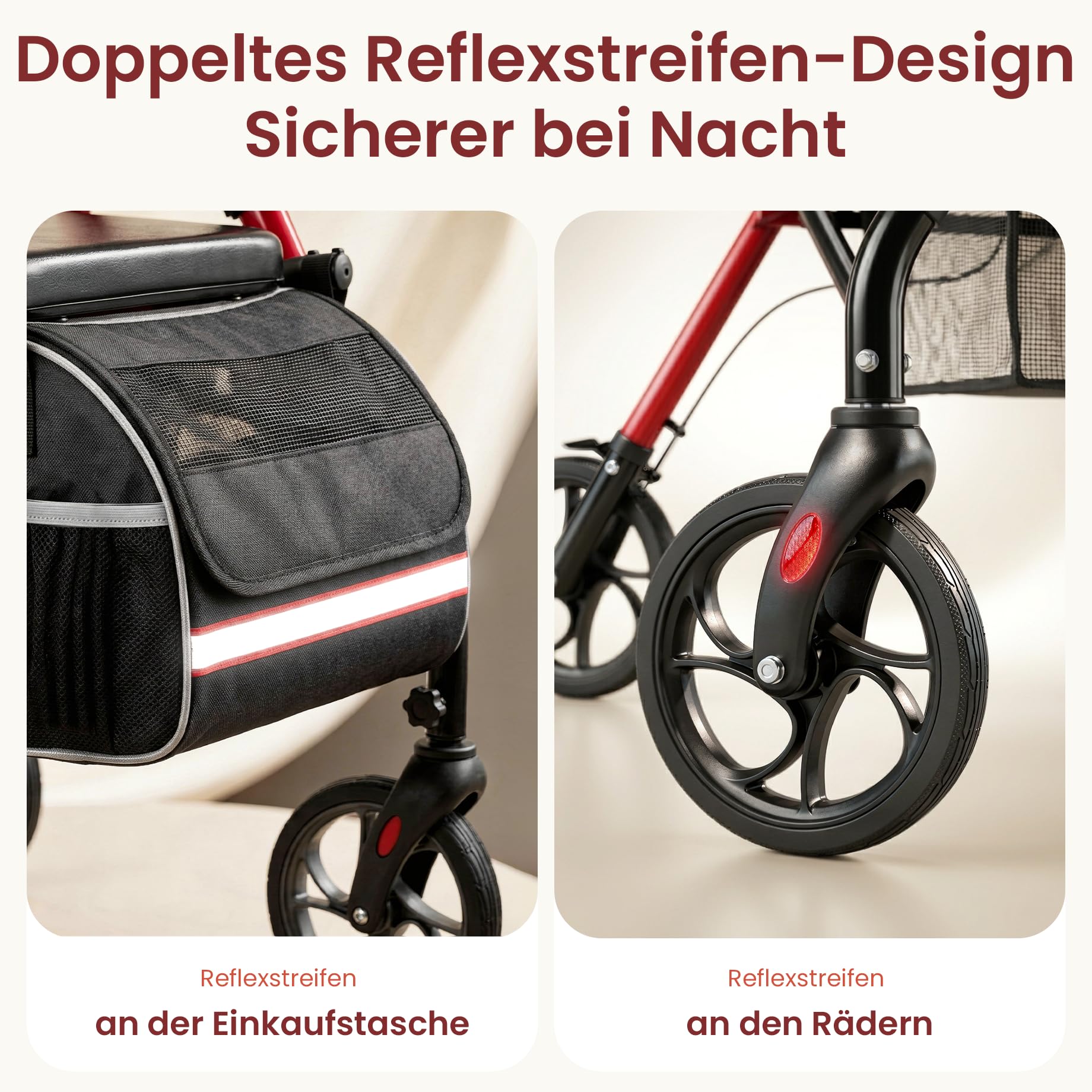 Rollator Faltbar und Leicht mit Sitz, Rollatoren für Senioren Klappbar, Schmal für Wohnung, Outdoor Walker, 20cm Reifen für All Gelände, 6-fach höhenverstellbar Griff, Aluminium, Rot
