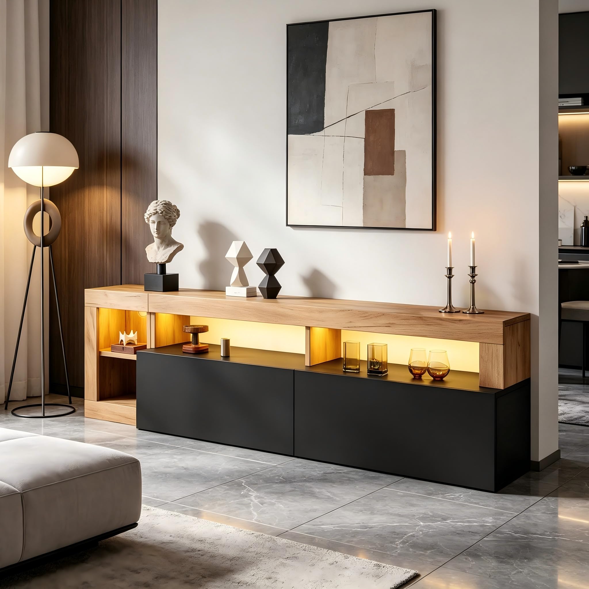 Meuble TV bas en bois avec LED 184 cm Noir