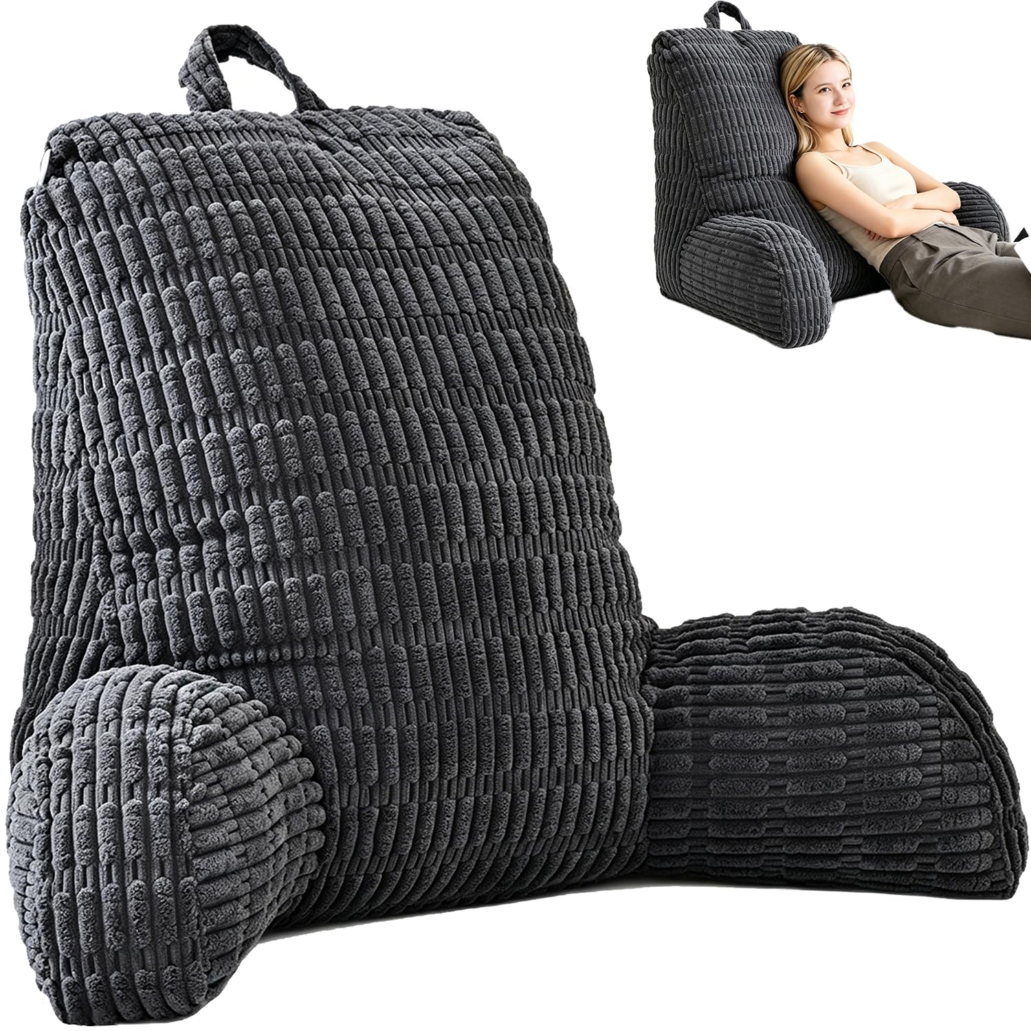 Cojín de lectura para cama y sofá, cojín lumbar lavable con reposabrazos lateral y bolsa de almacenamiento, cojín ergonómico y cómodo para TV, lectura y juegos móviles (80 x 55 cm, gris