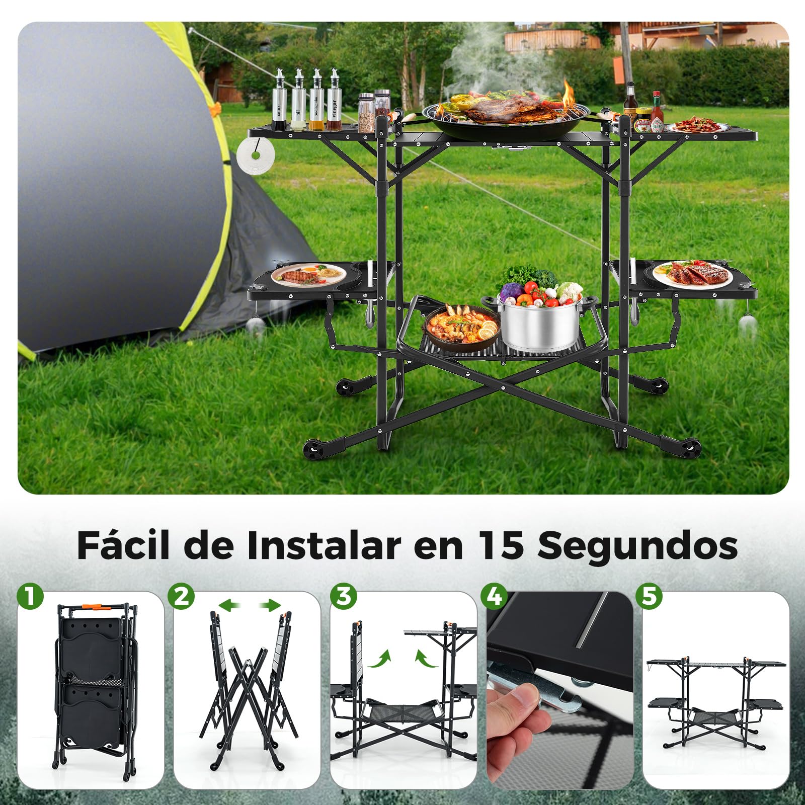 COSTWAY Mueble Cocina Camping, Mesa Plegable Camping con 4 Mesas Auxiliares, Mesa Cocina Camping, Marco de Aluminio, Estante de Almacenamiento, Bolsa de Transporte, 135 x 54 x 88 cm