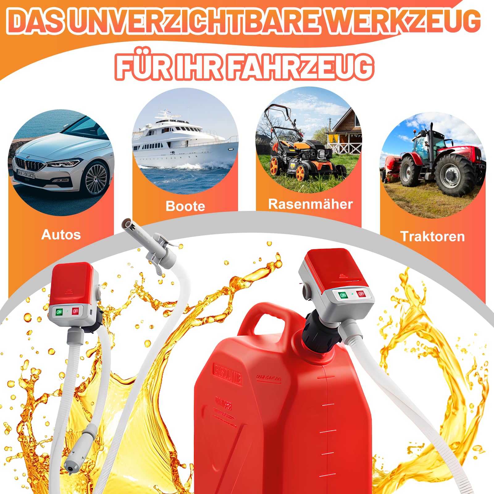 Pompe de transfert de carburant avec capteur d'arrêt automatique, pompe à essence électrique avec adaptateur de réservoir 4 tailles