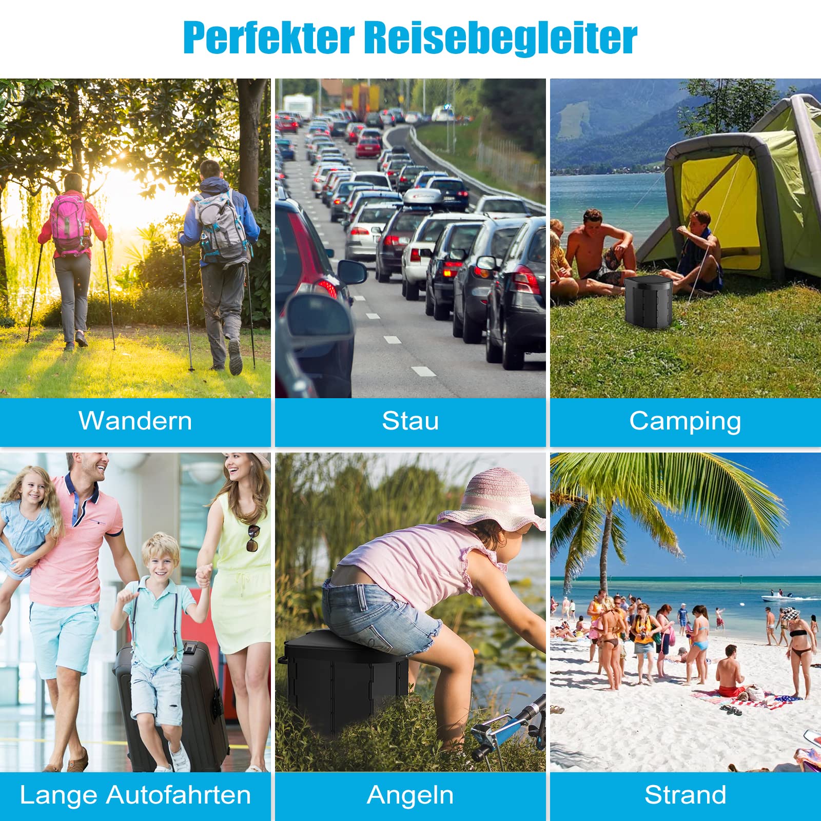 WADEO Tragbare Campingtoilette mit Deckel, Faltbare Toilette mit Belastbarkeit bis zu 200kg, Mobiltoilette Falttoilette mit Toilettenbeutel und Papierhalter, ideal für Camping Wandern Reisen Angeln