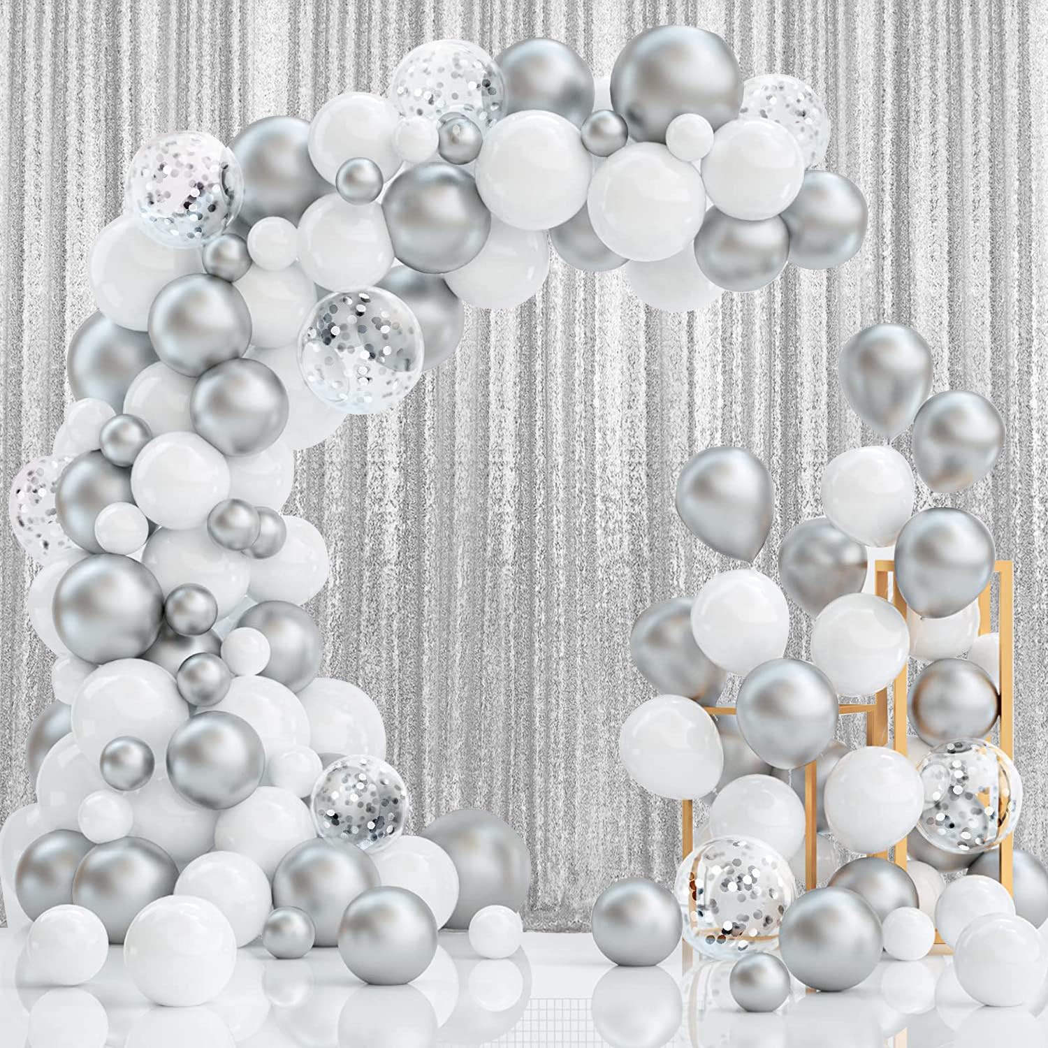 2×8FT-4PCS Silver Sequin Backdrop Curtains Panels, Photography Backdrop Glitter Curtains Fabric Background for Christmas Wedding Party Decor