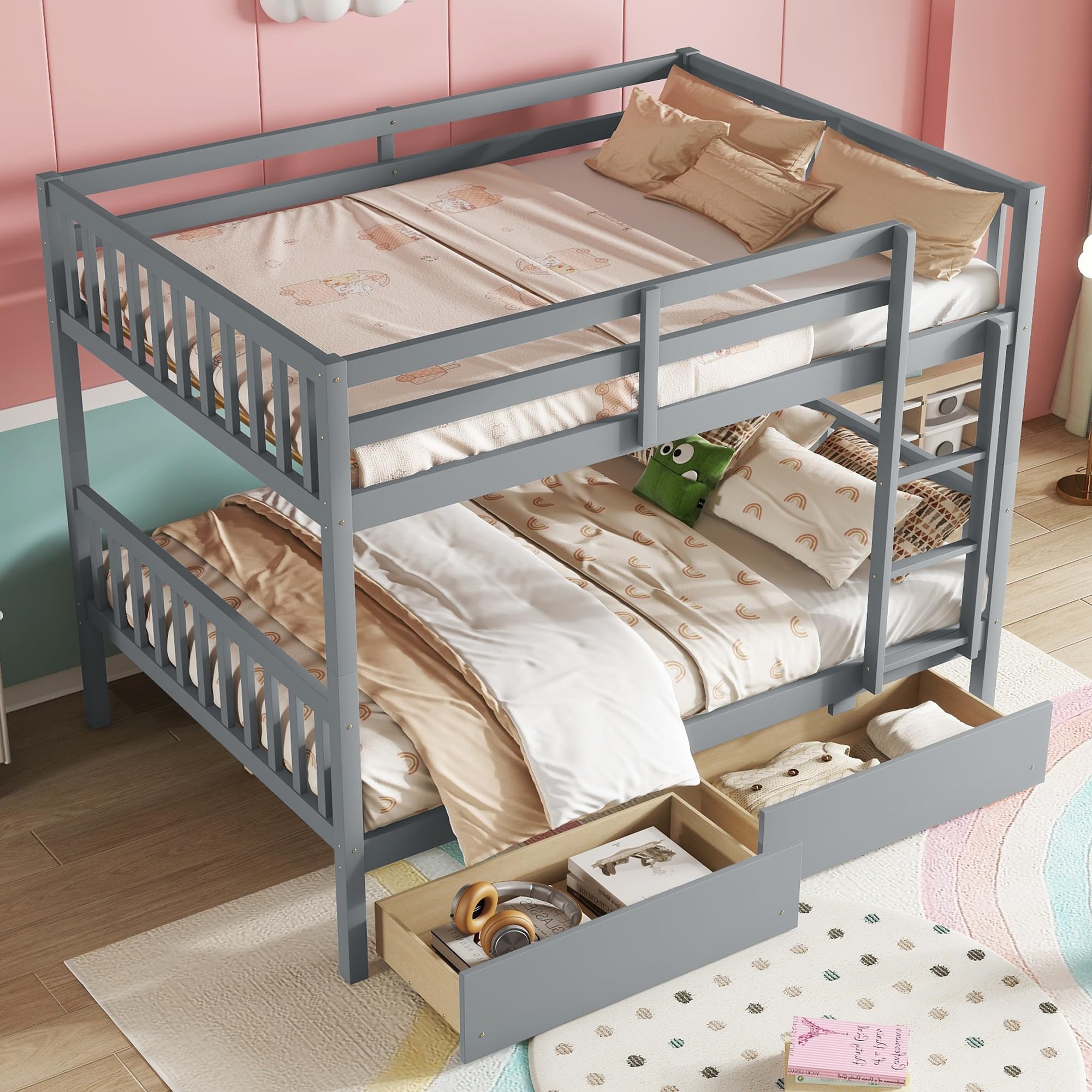 Ball & Cast Full Over Full Wood Bunk Bed for Kids,Convertible Storage Bunk Bed with Two Storage Drawers and Ladder,Can Be Divided Into Two Full Size Daybeds,No Box Spring Required,Grey