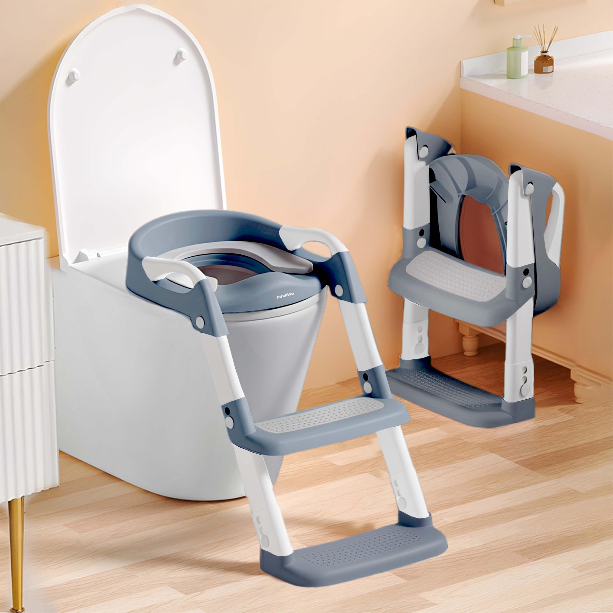Infantso PLOOPI Step Potty Trainer Seat with Ladder for Kids 1-5 Years|Foldable with Height Adjustment & PU Cushion, Fits All Western Toilet Seat, Baby Potty Seat with Splash Guard, Handle, Ladder-image-45