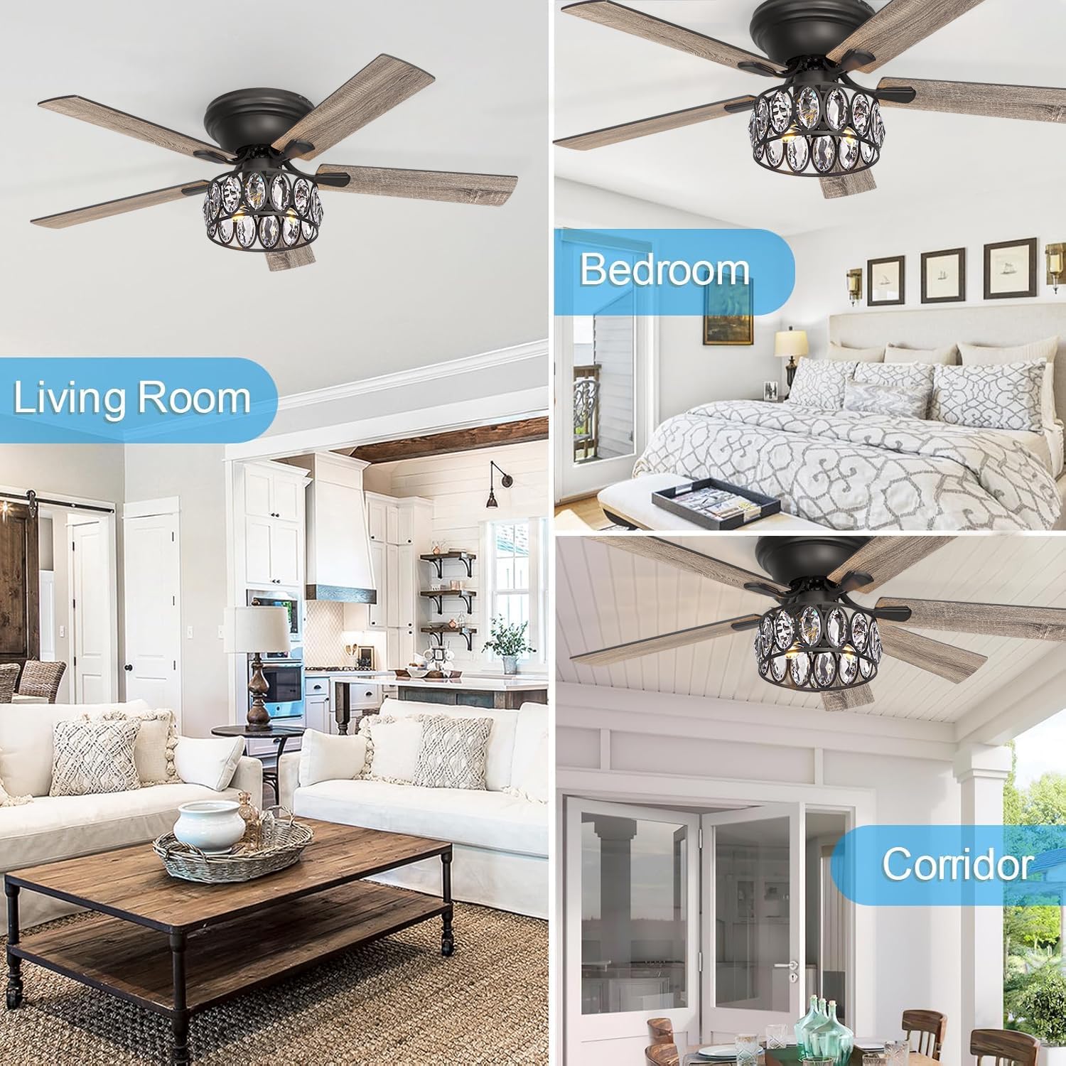 52 Inch Black Flush Mount Ceiling Fan with Crystal Light and Remote