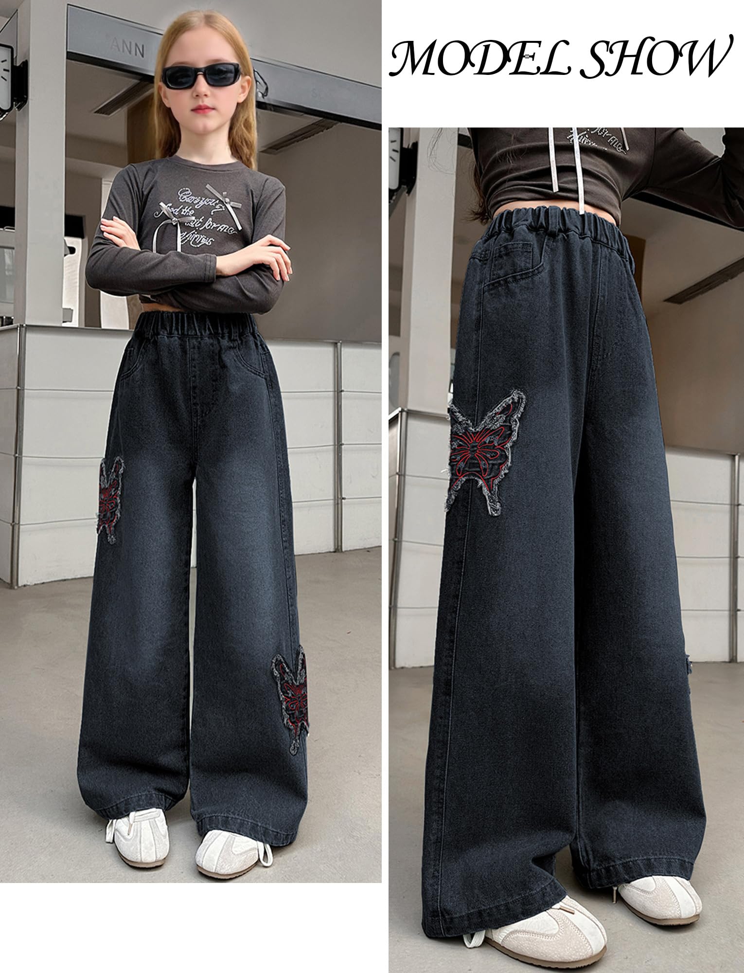 Happy Cherry - Baggy Jeans Mädchen Denim Hosen Y2K Vintage mit Elastischem Bund Jeanshosen Weitem Bein Teenager Streetstyle Kinder 5-14 Jahre für Sommer Frühling Herbst Winter - 110-164