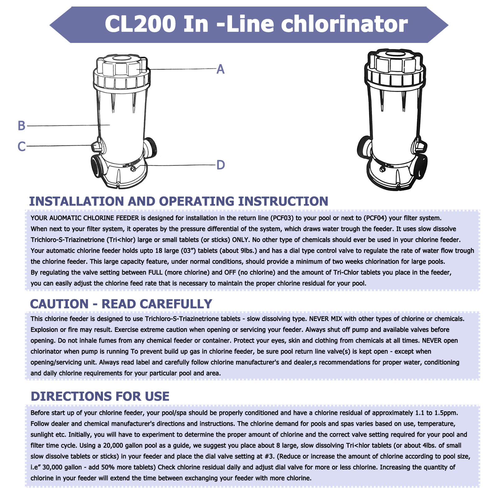 Buy Updated CL200 inline Pool Automatic Chlorinator Feeder