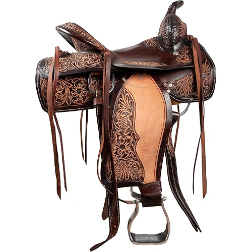 Hulara Western Saddle Tooled Genuine Leather Horse Saddle Carved Comfy Seat Western Saddle for Horses Barrel Racing Saddle