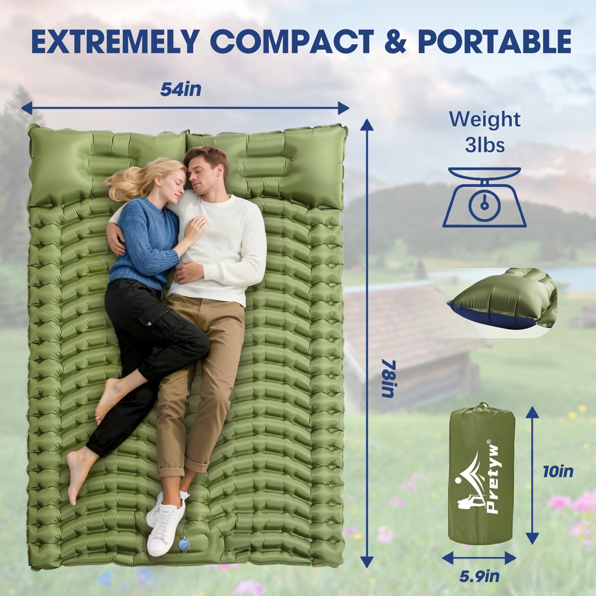 Pretyw Double Sleeping Pad for Camping - Ultralight Camping Mattress with Pillow, Built-in Foot Pump, Compact Inflatable 2-Person Portable Mat for Backpacking, Hiking, Car Traveling, Beach, Tent
