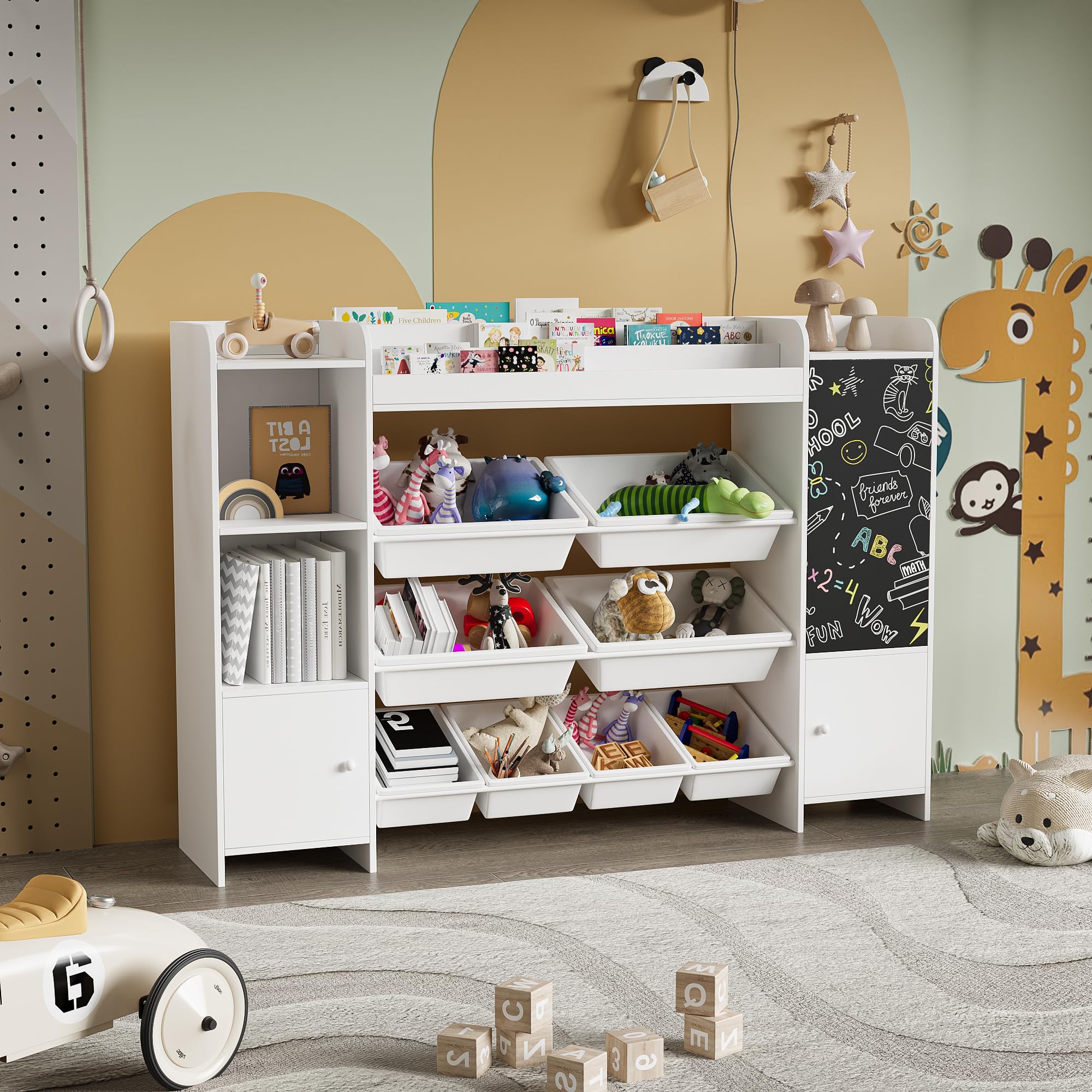 PerGar Bücherregal Kinder, Spielzeug-Organizer, Multifunktionale Ablage mit 8 Aufbewahrungsboxen, mit Tafel, Aufbewahrung von Büchern & Spielzeug im Kinderzimmer, Weiß, 137×94.5×30cm