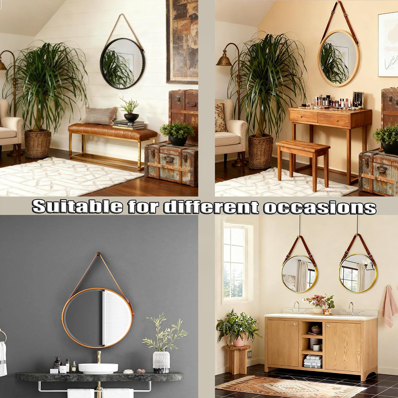 Miroir mural rond rustique avec corde en cuir – 70,1 cm – Miroir décoratif pour salle de bain, chambre à coucher, salon et entrée – Décoration d'intérieur rustique élégante marron