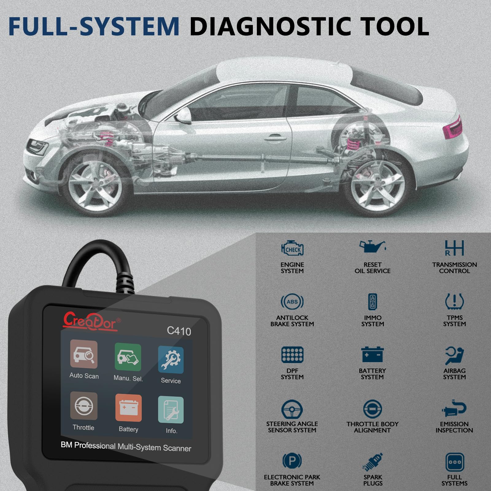 Creator C410 Lector de Códigos OBD2 para BMW y Mini Escáner de Diagnóstico Multi-Sistema (ABS, SRS, EPB, DPF) Reset de Aceite y Registro de Batería Herramienta de Diagnóstico OBDII Completa