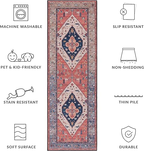 Miniatura 4 de SAFAVIEH Tucson Collection - Alfombra de pasillo, 2 pies 6 pulgadas x 8 pies, diseño de medallón persa, no desprende pelusa, lavable a máquina y