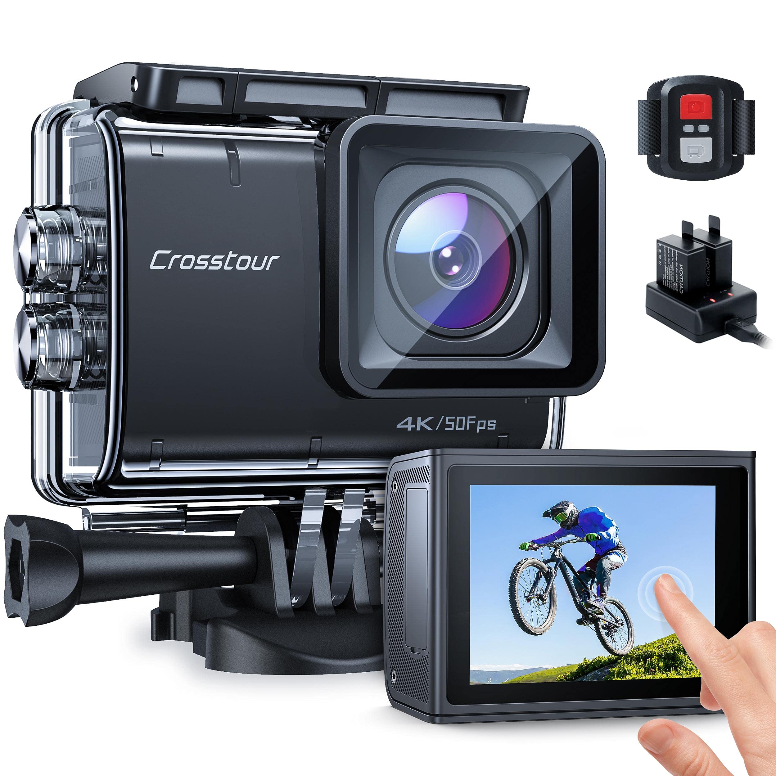 Cámara de acción 4K 30 FPS, sumergible a 40 m, WiFi, cámara para casco CT9500 EIS 2 baterías de 1350 mAh y cargador de batería