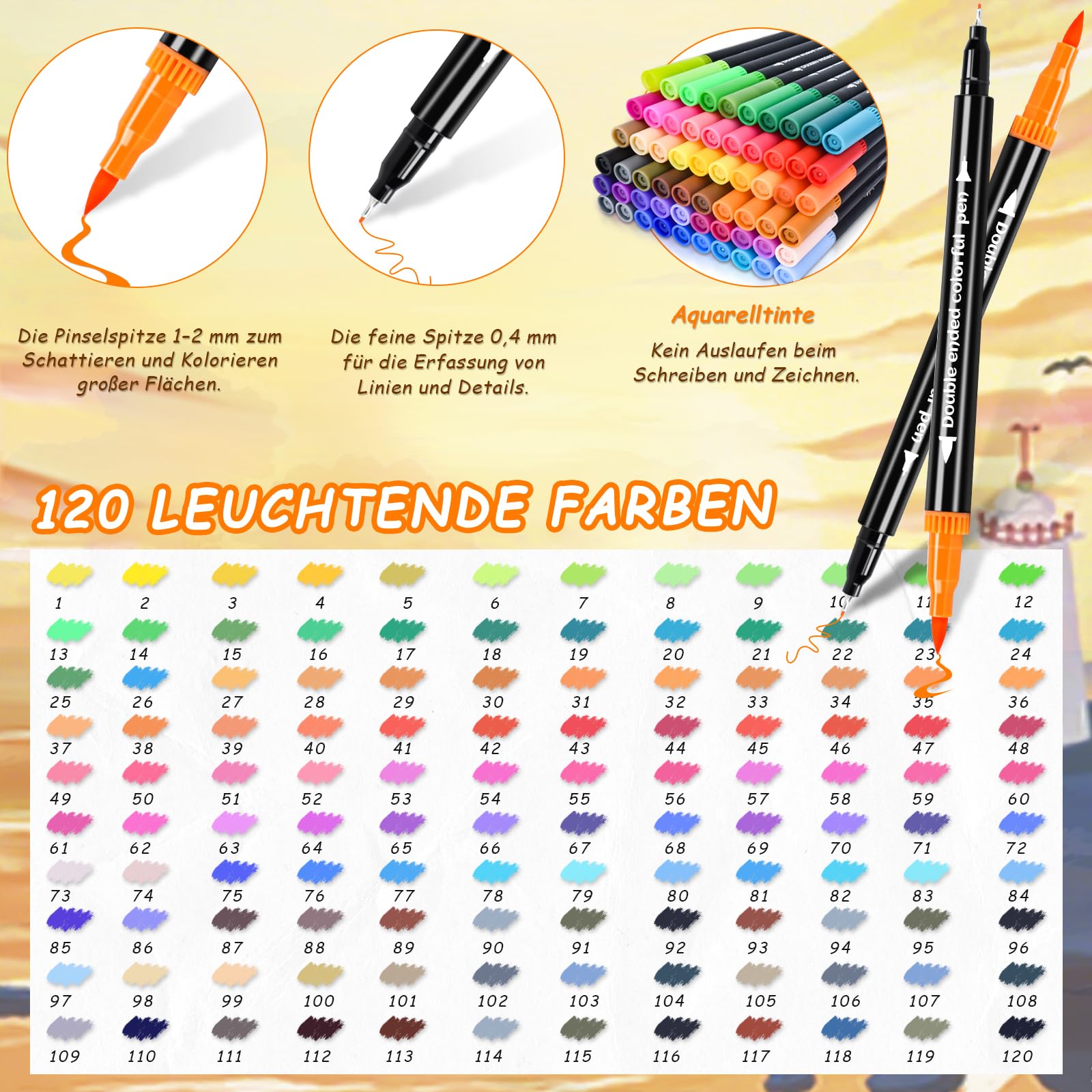 swihorab Lot de 120 feutres à double pinceau, double pinceau, pointe fine et pointe pinceau pour adultes, pour coloriage, livres de coloriage, manga