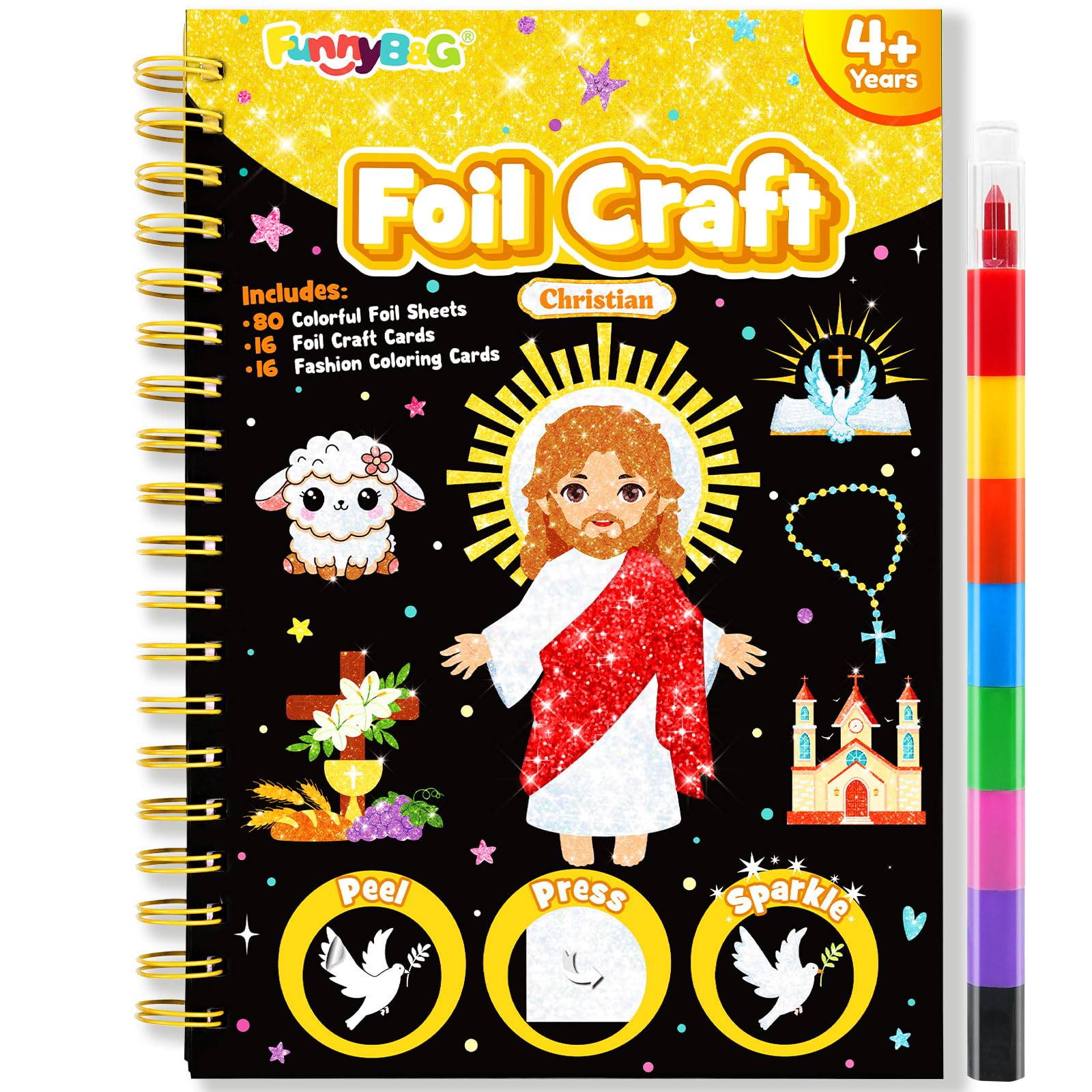 FUNNYB&G Foil Art Kinder Kunst & Bastelaktivität: Kreatives Reisespielzeug für DIY-Aktivität, Bastelset kinder | Geschenk Mädchen 4 5 6 7 8 9 Jahre (Jesus)
