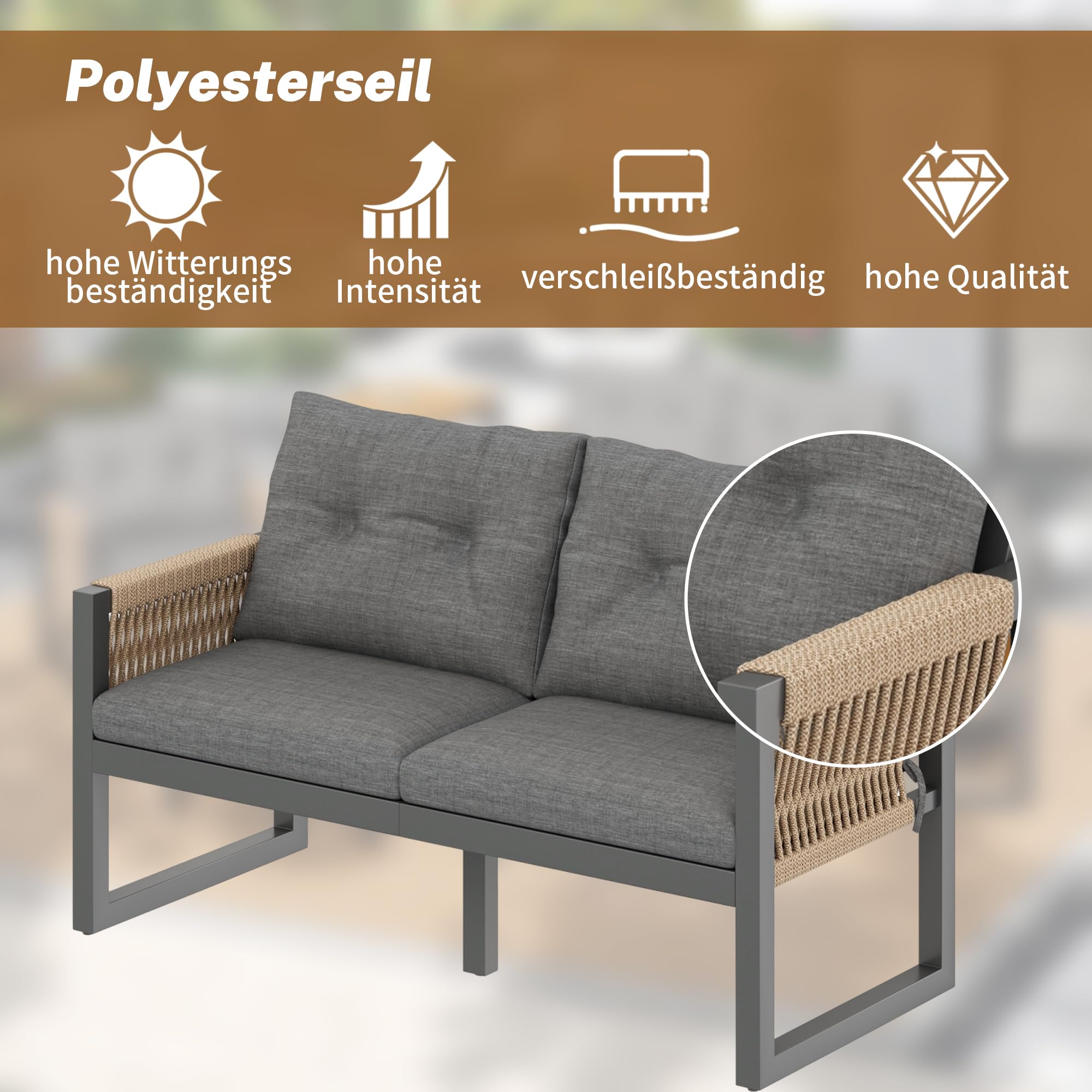 Gartenmöbel Sitzgruppe für 6 Personen, Outdoor Möbel 6-teilig mit Sofa und Couchtisch, Gartenmöbel Set mit Sitzkissen und Kissen, Balkonmöbel Essgruppe für Garten Balkon Terrasse, Grau+Natur