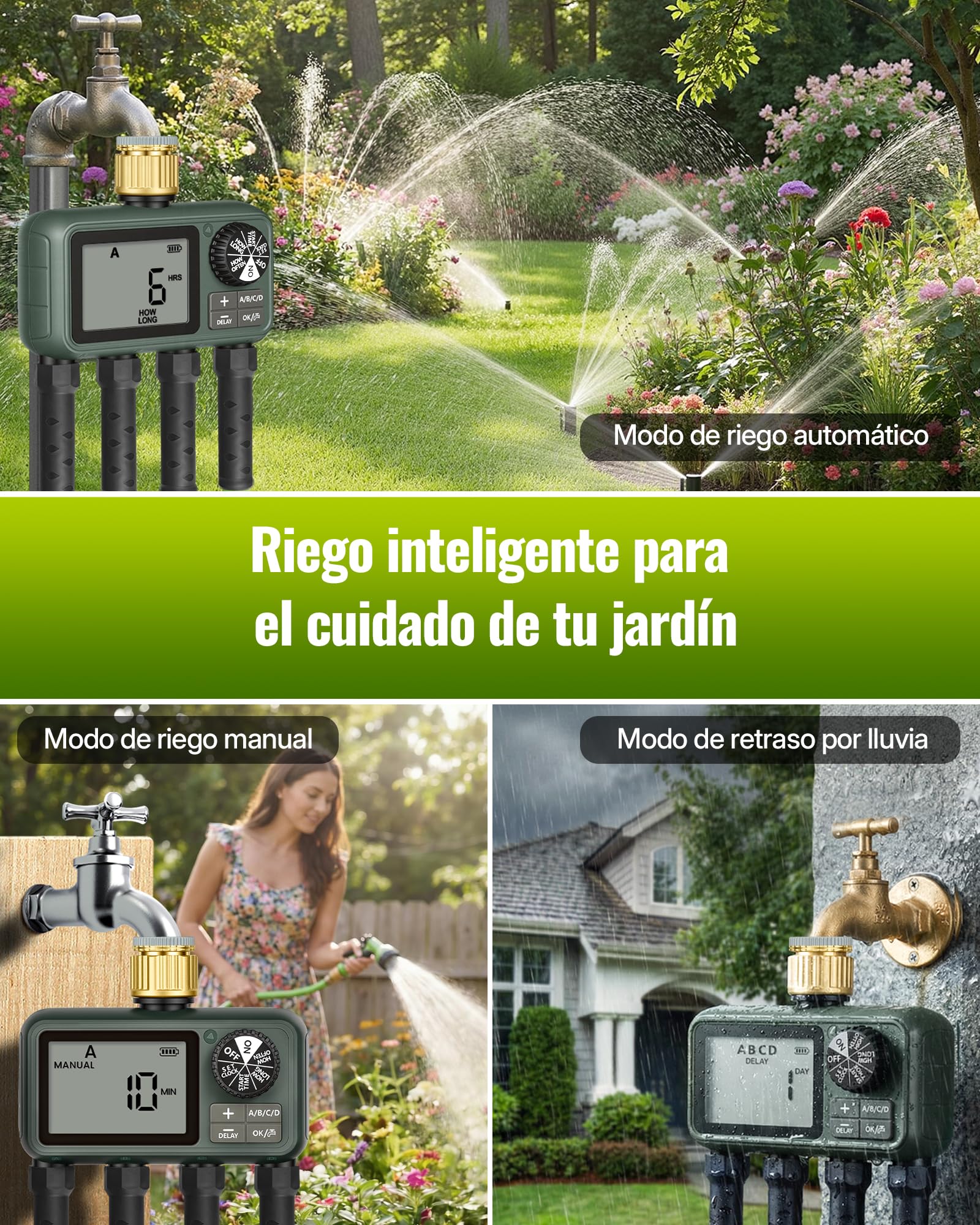 Programador de Riego de 4 Válvulas, Ordenador de Riego Automático, Temporizador para Grifo de Manguera de Jardín, Función de Retraso por Lluvia, Patio y Césped, Verde Oscuro