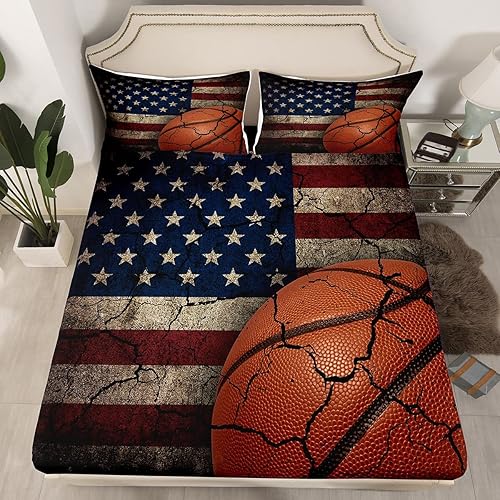 Miniatura 9 de Erosebridal Sábana bajera ajustable de baloncesto, juego de ropa de cama de camuflaje individual para niños y adolescentes, sábanas de bandera