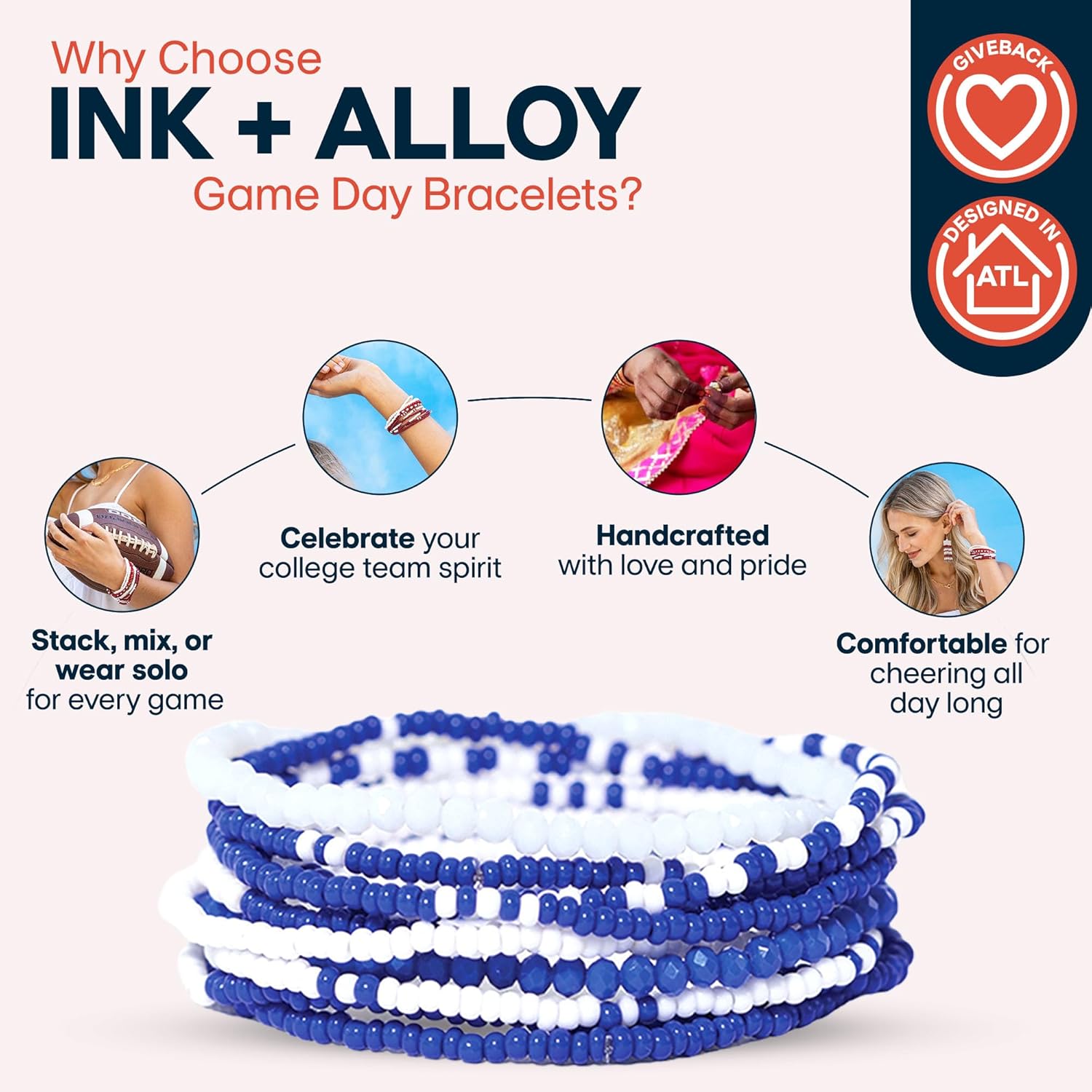 INK + ALLOY Game Day Bracelet Stacks, Beaded Bracelets for Football Gameday Outfits, Handmade Jewelry for College Students, Teachers, Football Moms, Set of 10