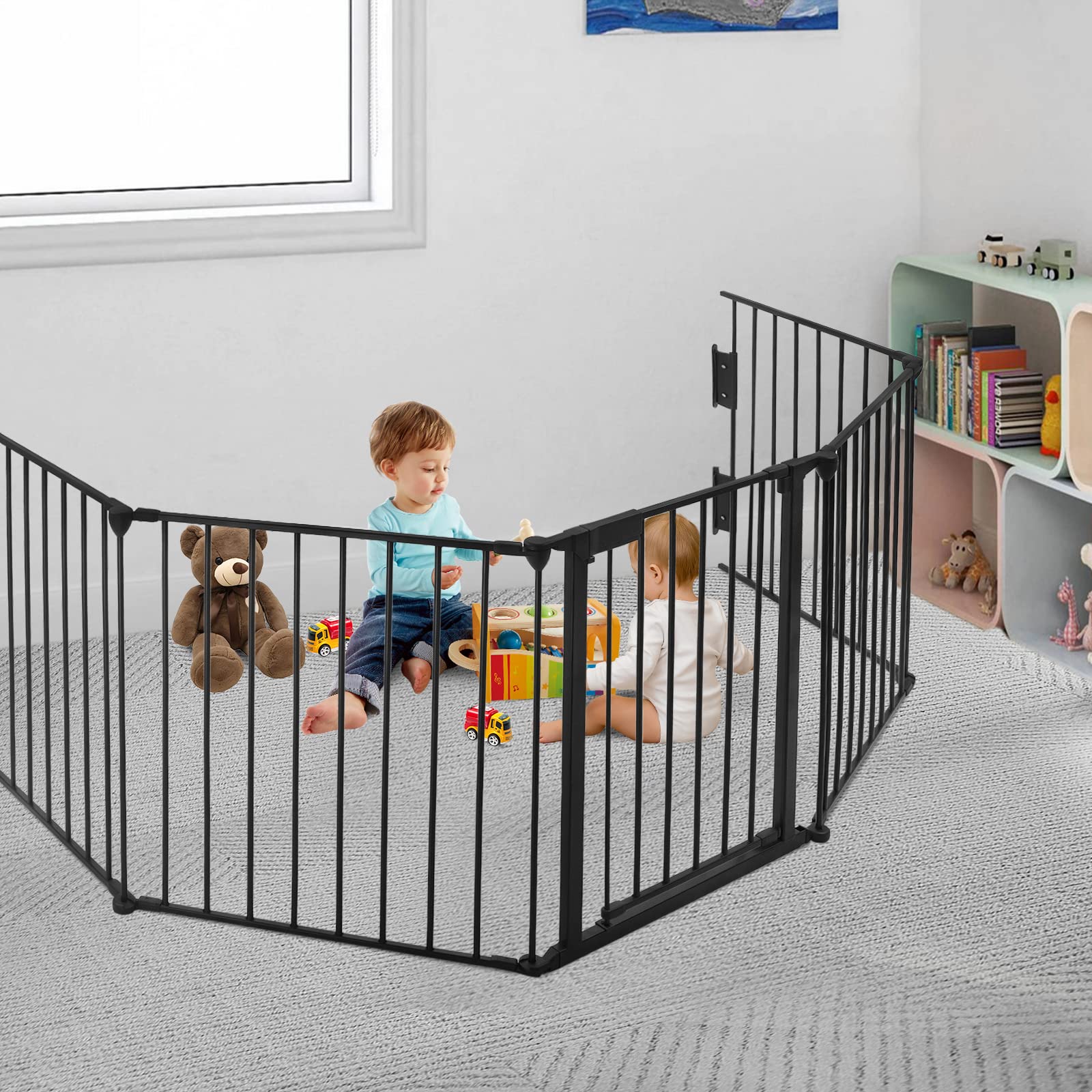 Rejilla de protección para chimenea negra con puerta, de metal, protección infantil, para niños, para mascotas, 300 cm