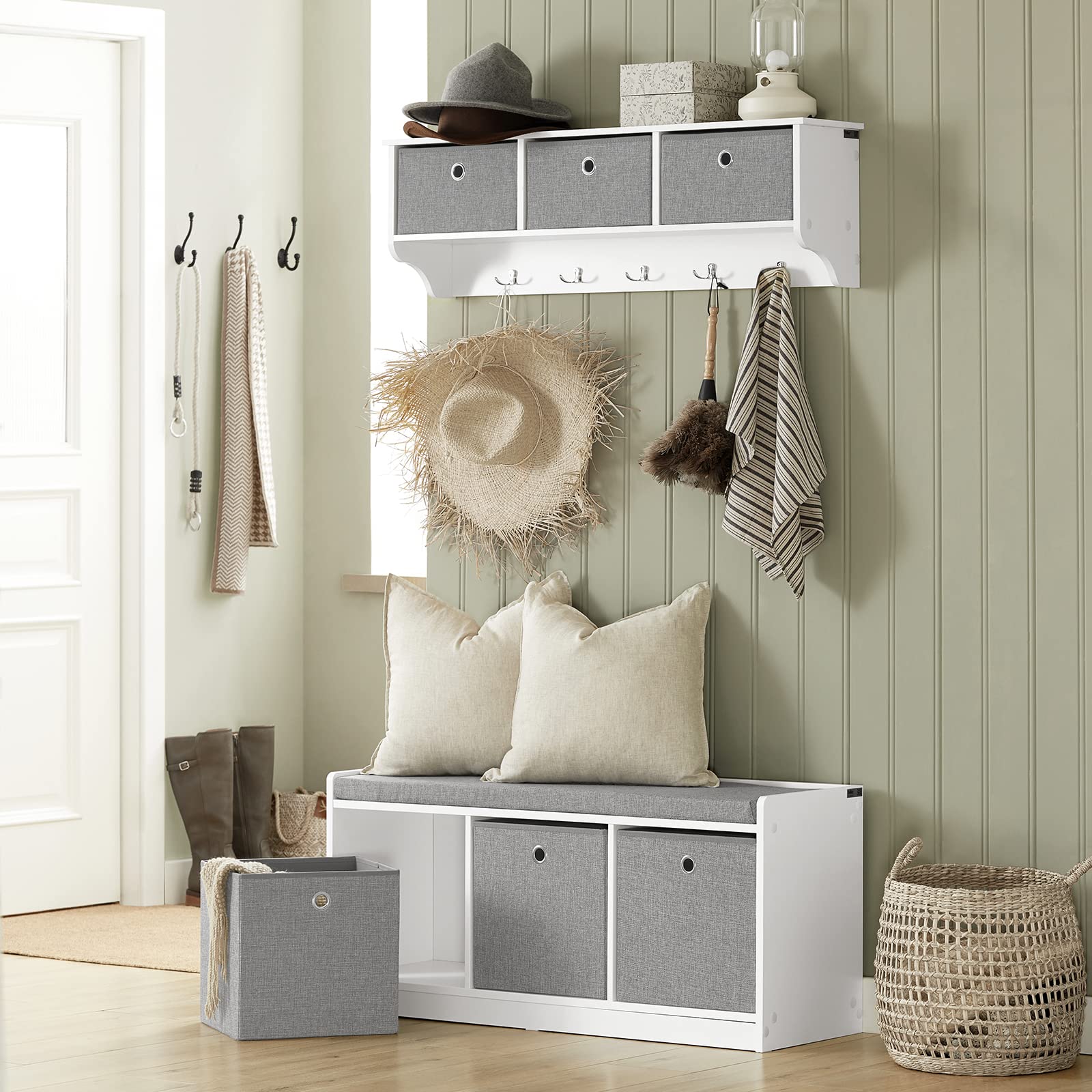 SoBuy Panca scarpiera Cassapanca da Interno Mobile Bagno con 3 cesti Bianco e grigio L102*P32*A45cm FSR65-DG
