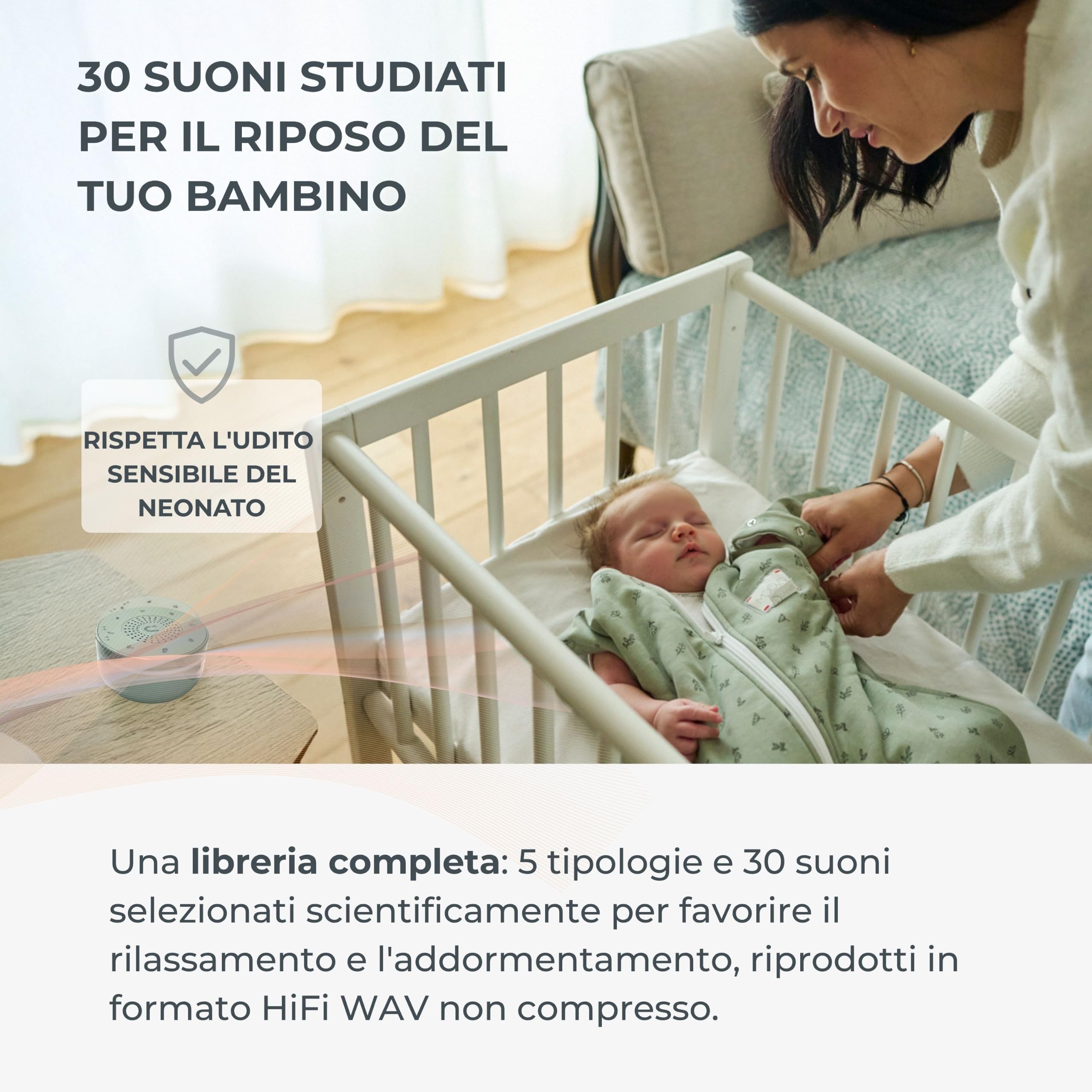 Nuvita 6620 Easy Dream Macchina Rumore Bianco e Luce Notturna – 30 Suoni Hi-Fi, 5 Colori Luce, Ricaricabile, Timer, Fino a 35h di Autonomia