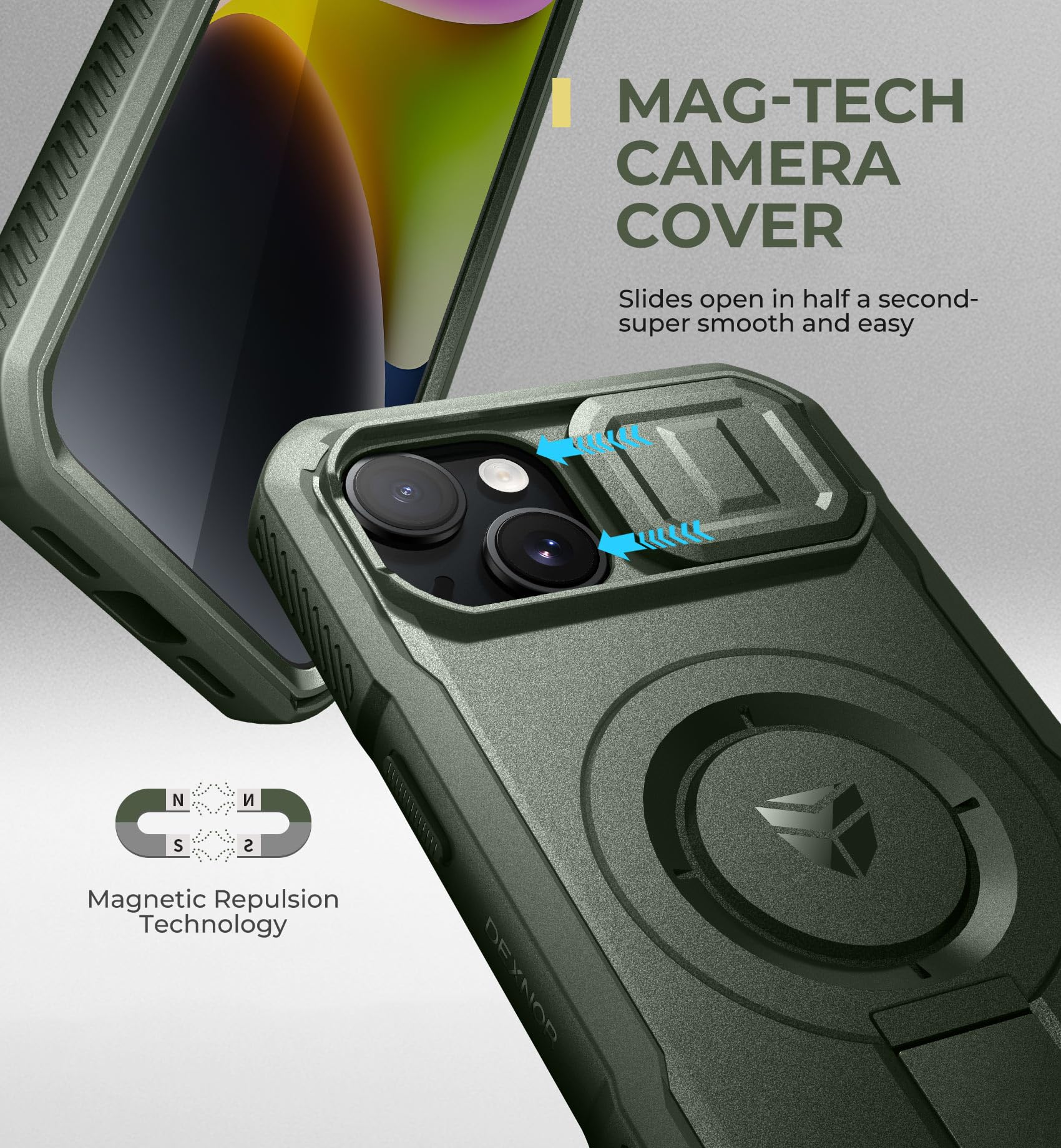 Dexnor for iPhone 13/14 Magnetic Case With Slide Camera Cover & Adjustable Kickstand & Built-in Screen Protector - Image 4