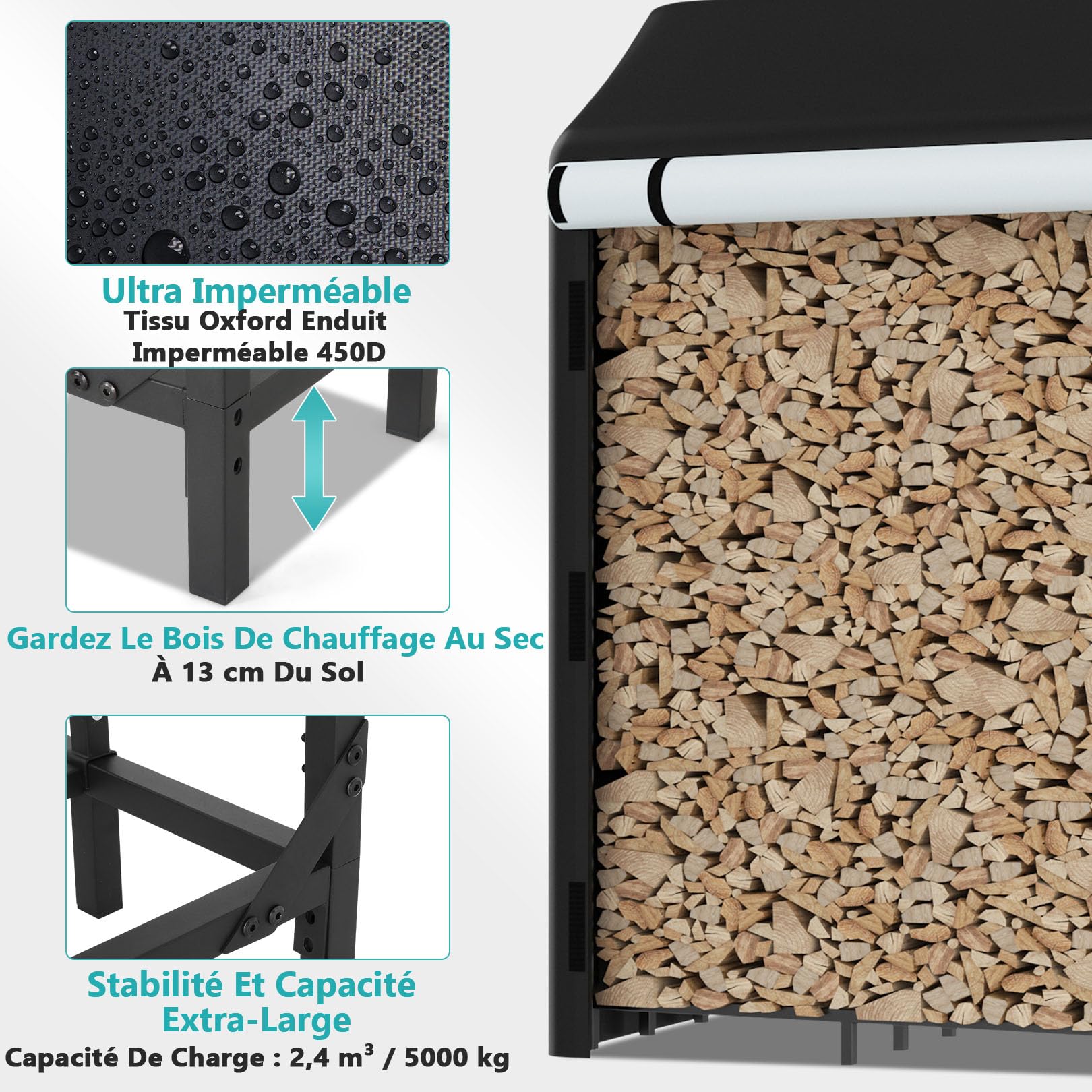 Himimi® Range-bûches d'Extérieur avec Housse de Protection Intégrée, 185 x 70 x 185 cm, Capacité 2,4 m³