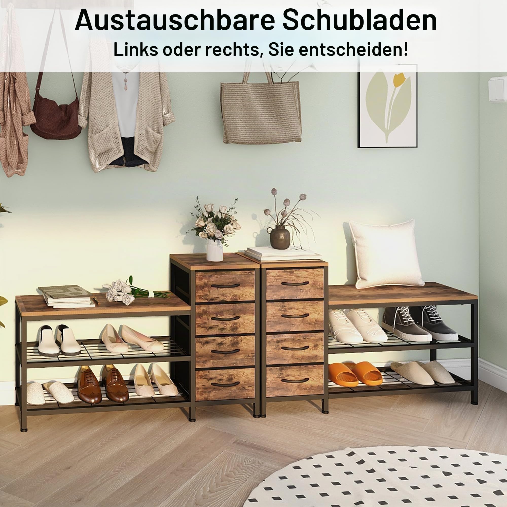 3-stufige Schuhbank mit 4 Schubladen und Sitzfläche Schuhregal mit Stauraum für Flur, Eingang, Wohnzimmer oder Diele Metallrahmen & Holzoberfläche