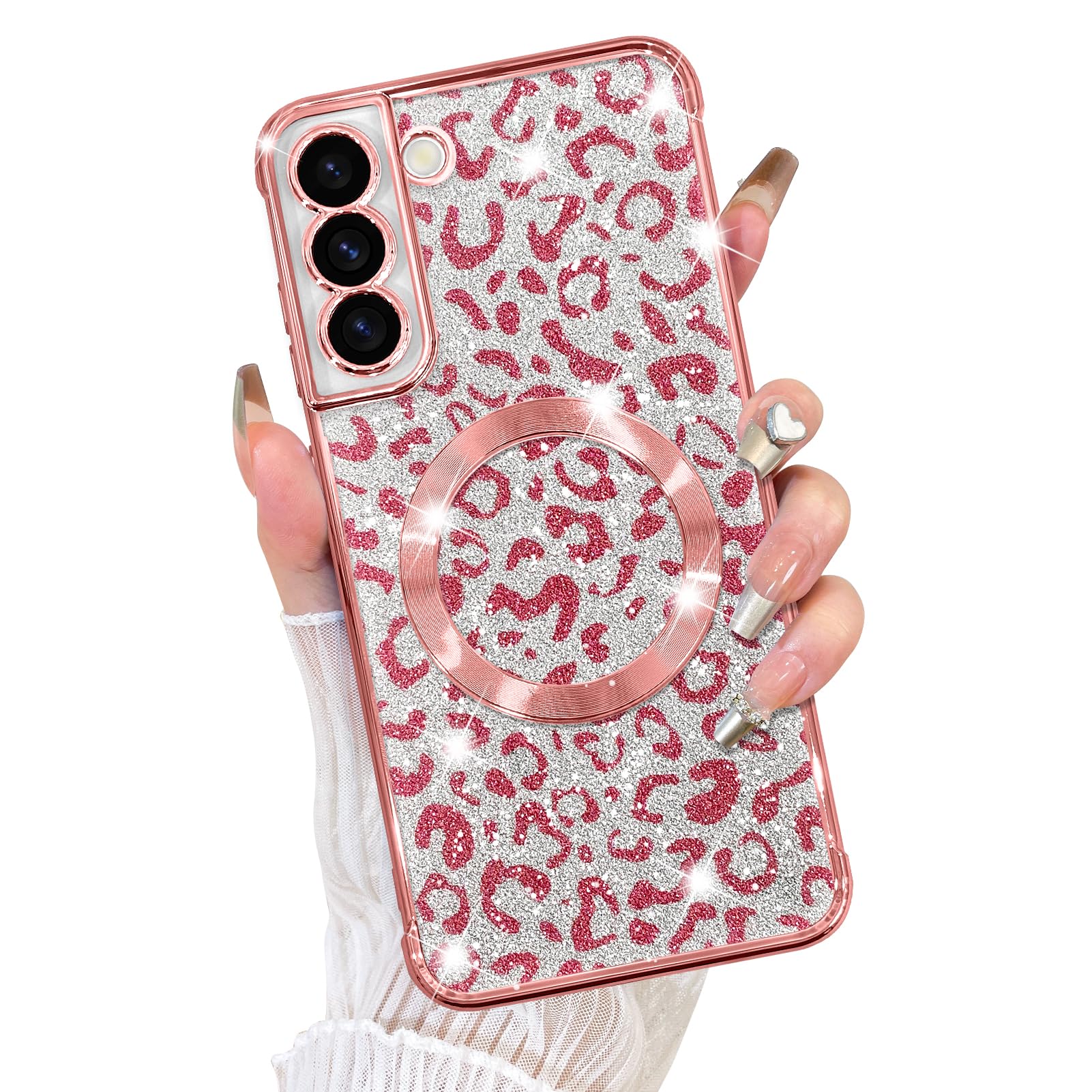 Fiyart Designed for Samsung Galaxy S21 Plus Case,Compatible with MagSafe Cheetah Print Plating Camera Protection Clear Magnetic Glitter Leopard for