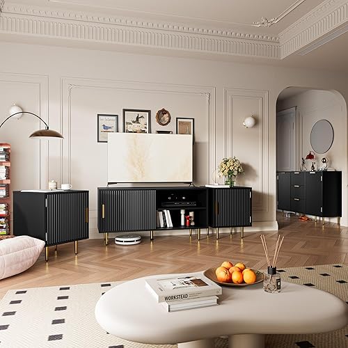 Miniatura 8 de Cozy Castle Aparador de buffet de 47.2 pulgadas, gabinete de acento moderno con 3 cajones y 2 puertas, aparador de buffet de cocina con estantes