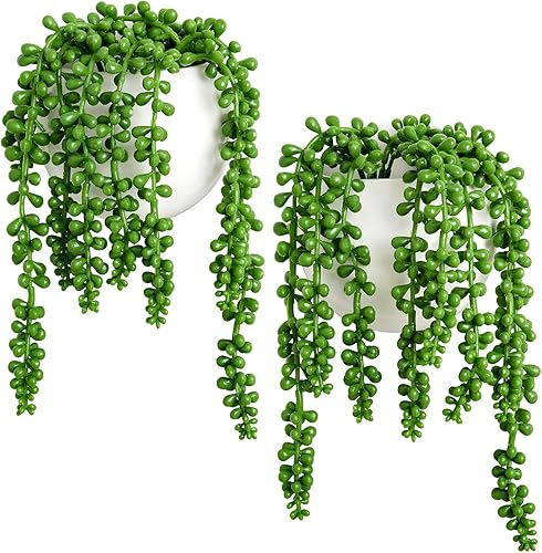 Dahey Maceteros de pared con cadena de perlas falsas, plantas suculentas artificiales, pequeñas y modernas de cerámica, maceta redonda colgante de
